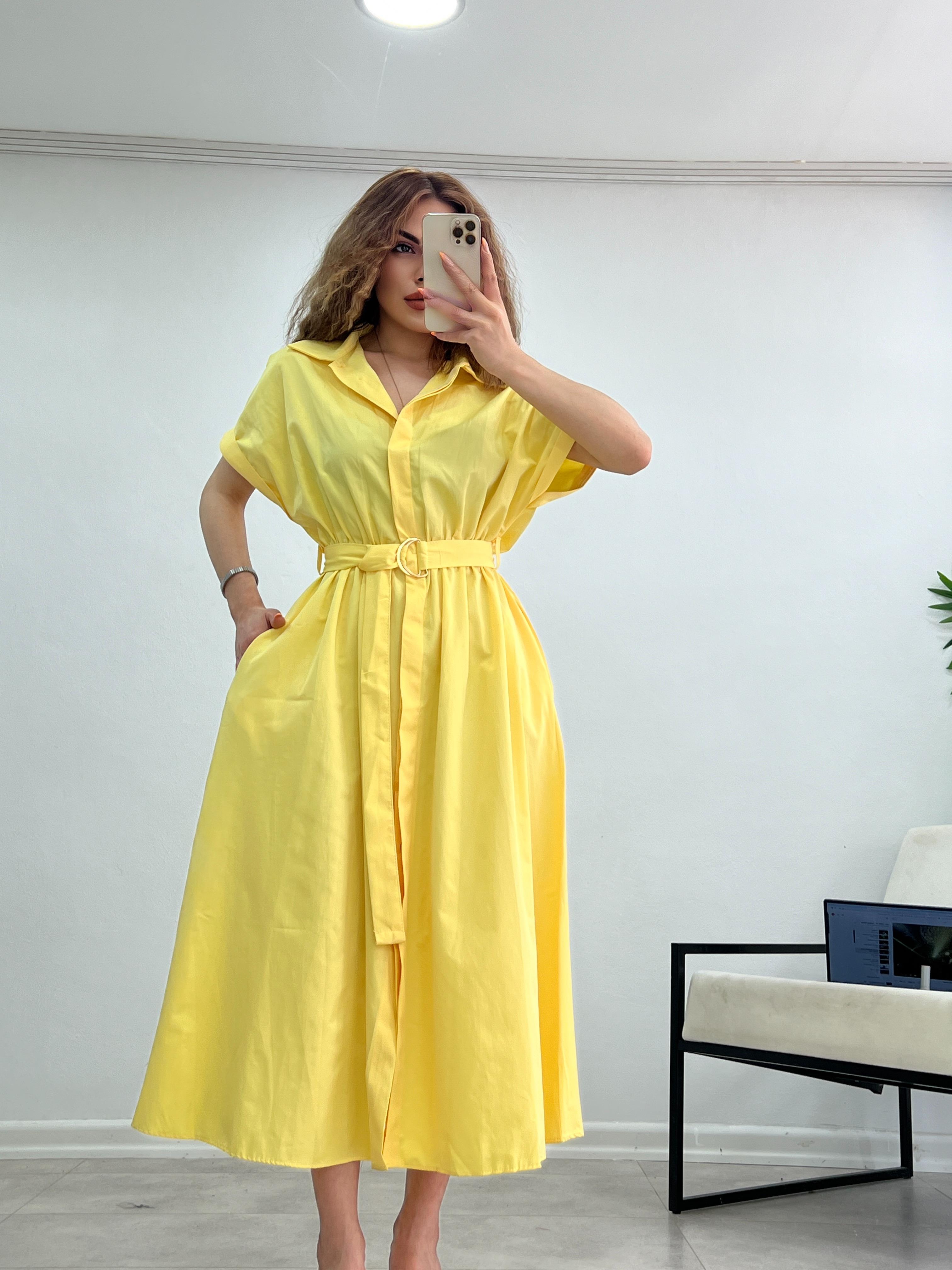 AYARLANABİLİR KEMERLİ MİDİ BOY ELBİSE SARI