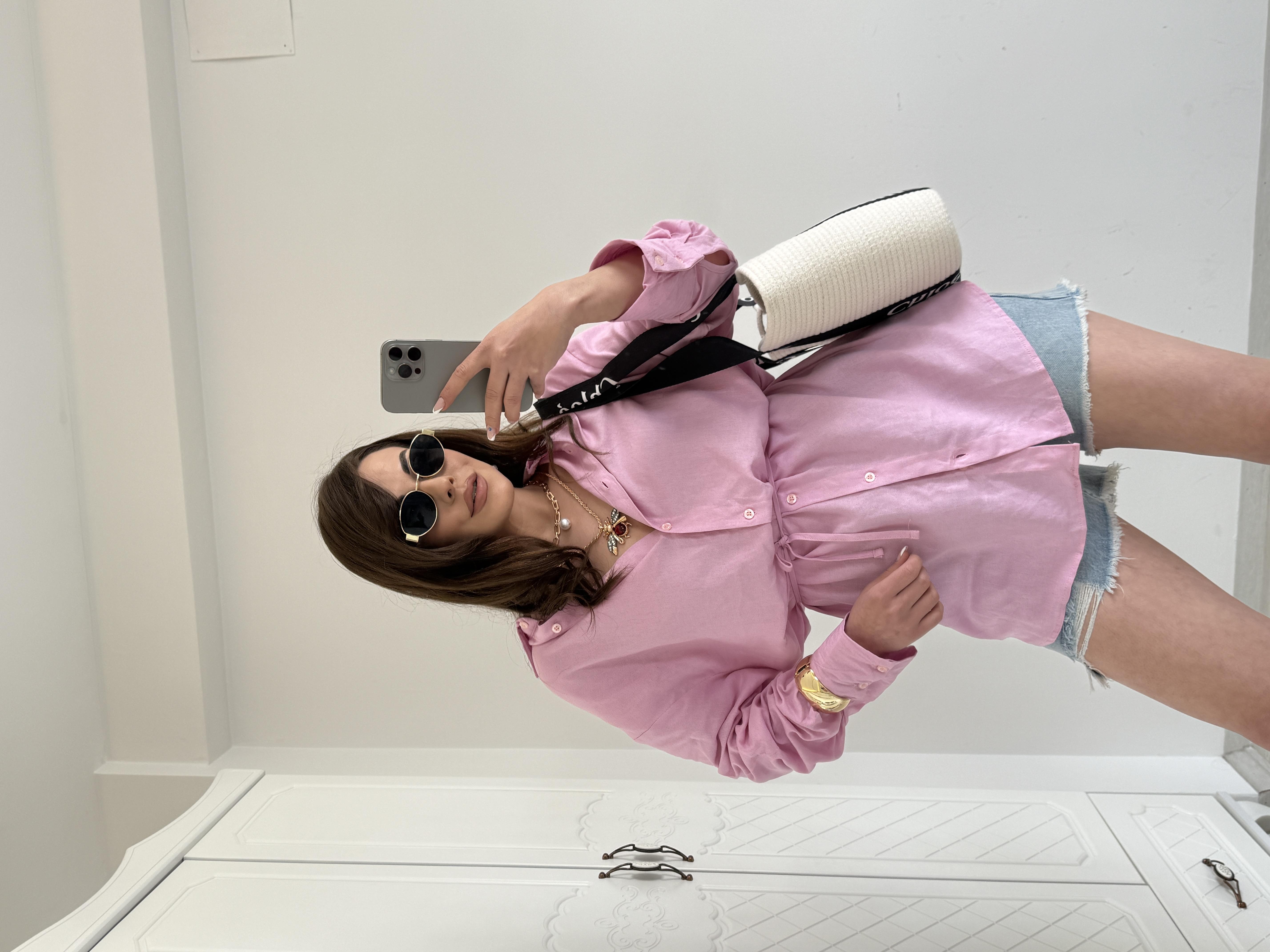 BAĞLAMALI %100 KETEN GÖMLEK PEMBE