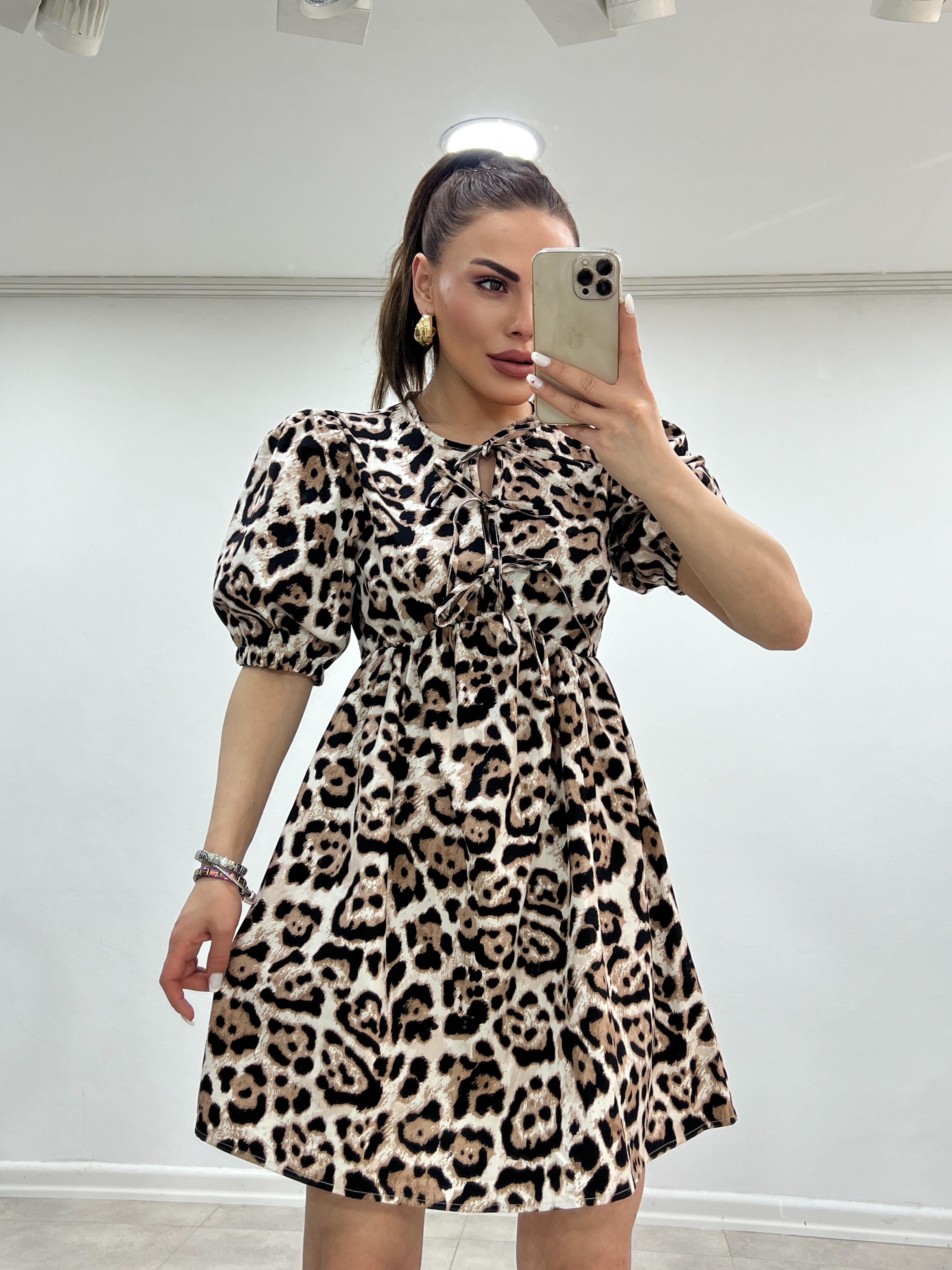 BAĞLAMALI LEOPAR ELBİSE 