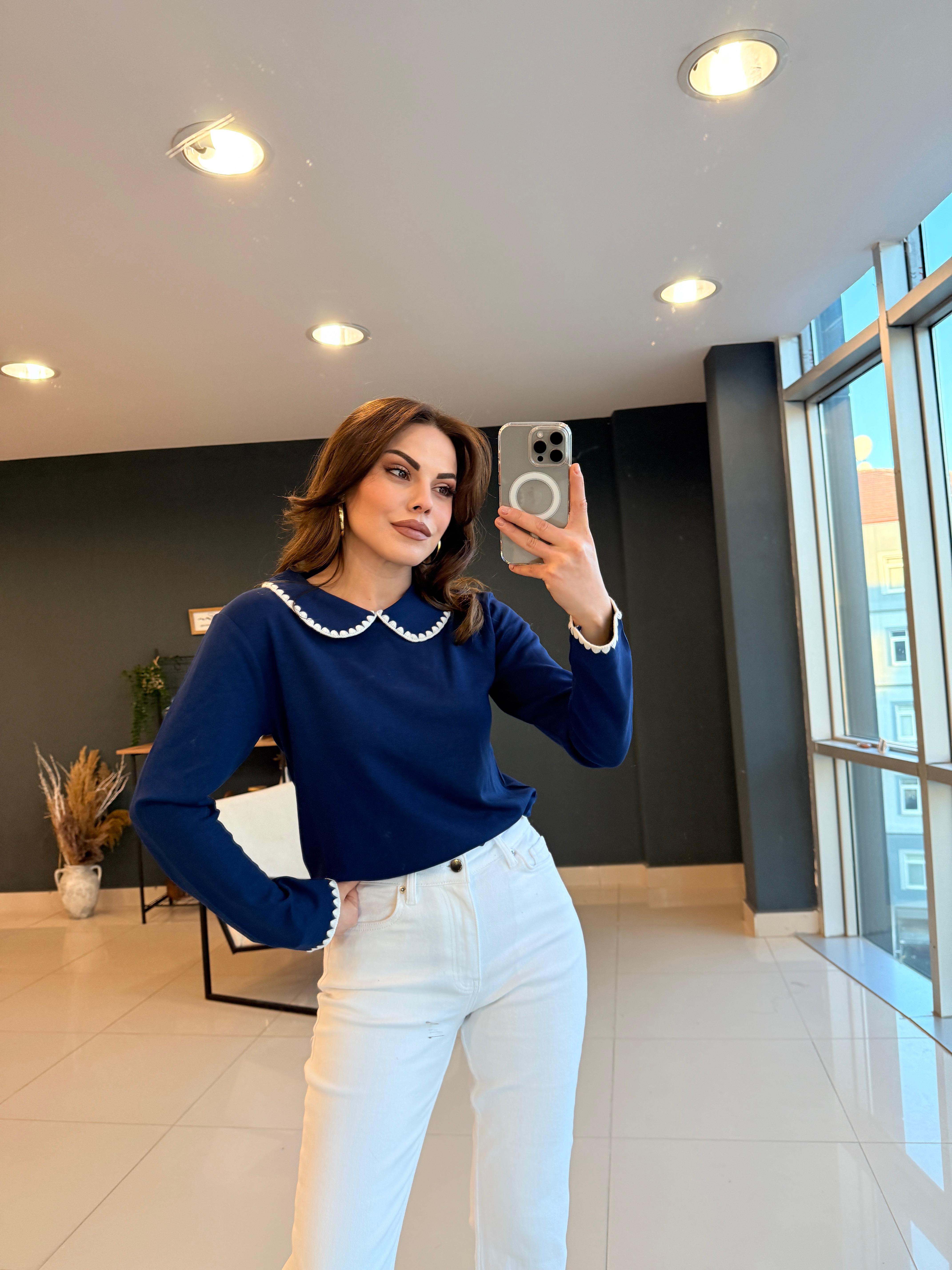 BEBE YAKA MODAL KUMAŞ BLUZ LACİVERT