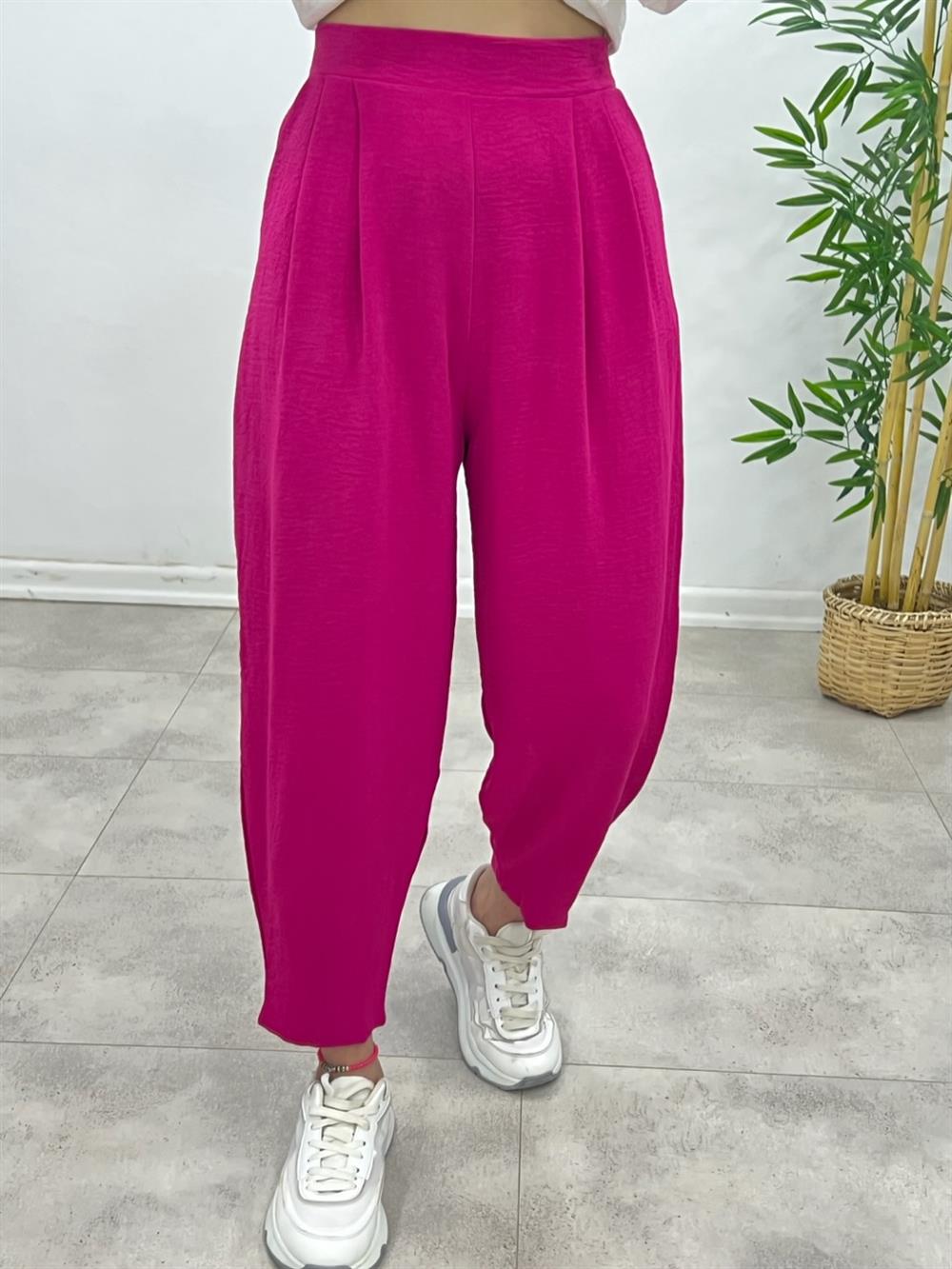 BEL ARKASI LASTİKLİ GREP KUMAŞ PANTOLON PEMBE