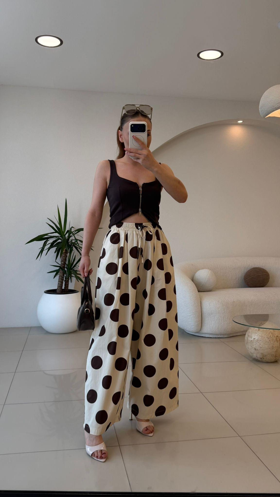 Bel Lastkli Poplin Kahve Puantiyeli Pantolon 