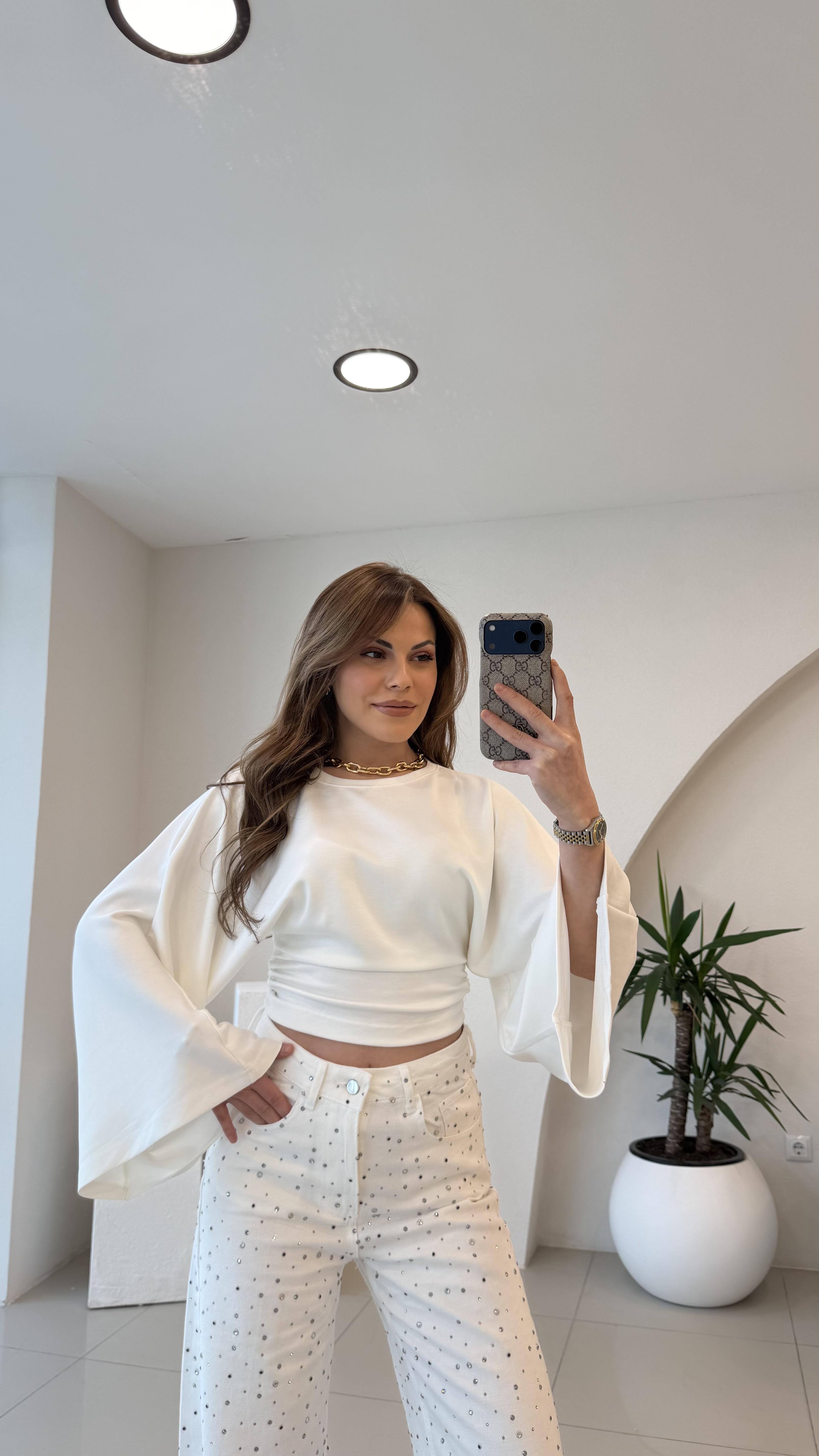 BEL OTURTMALI BEYAZ MODAL BLUZ