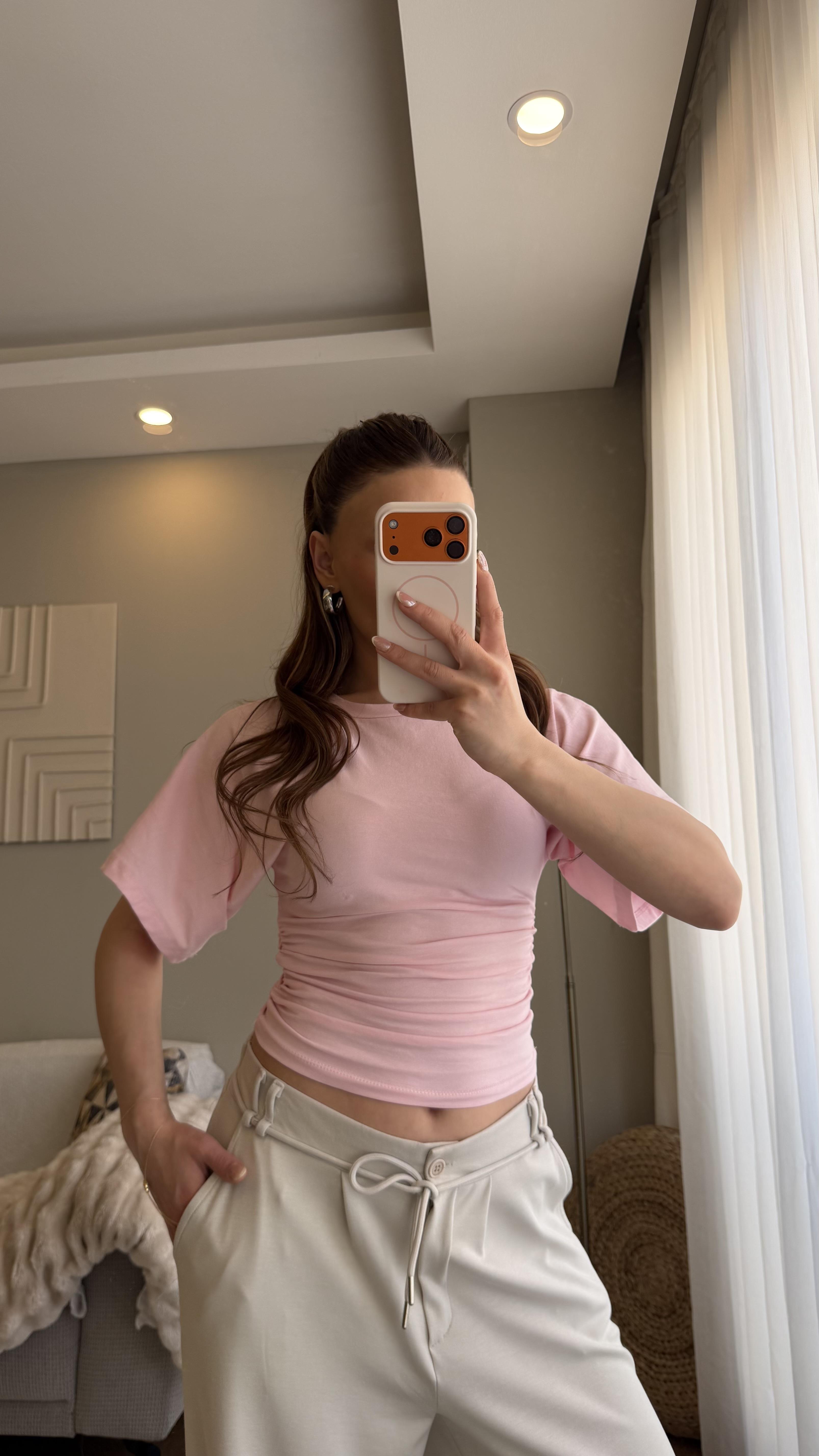 Bel Oturtmalı Bluz Pembe