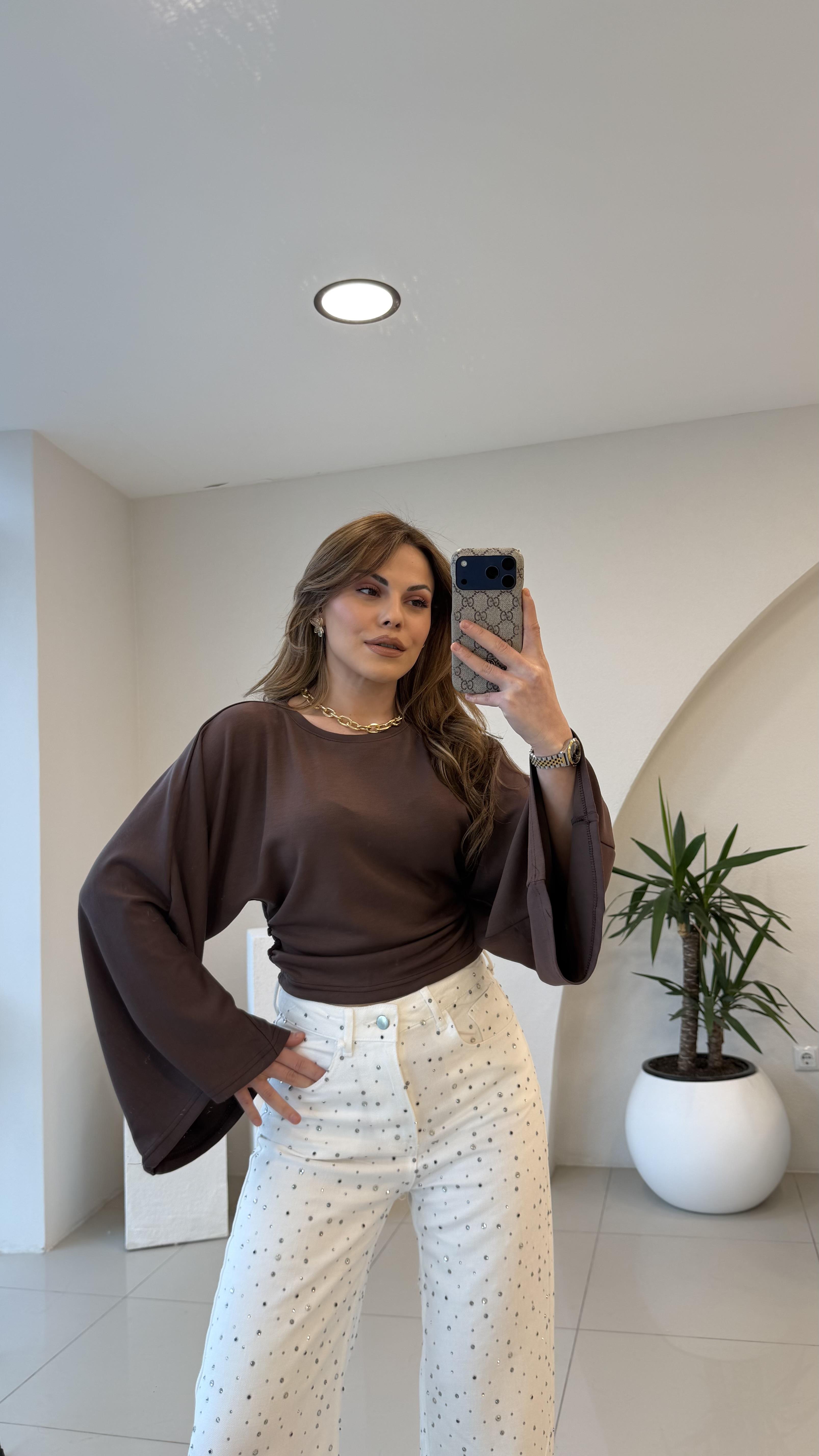 BEL OTURTMALI KAHVE MODAL BLUZ