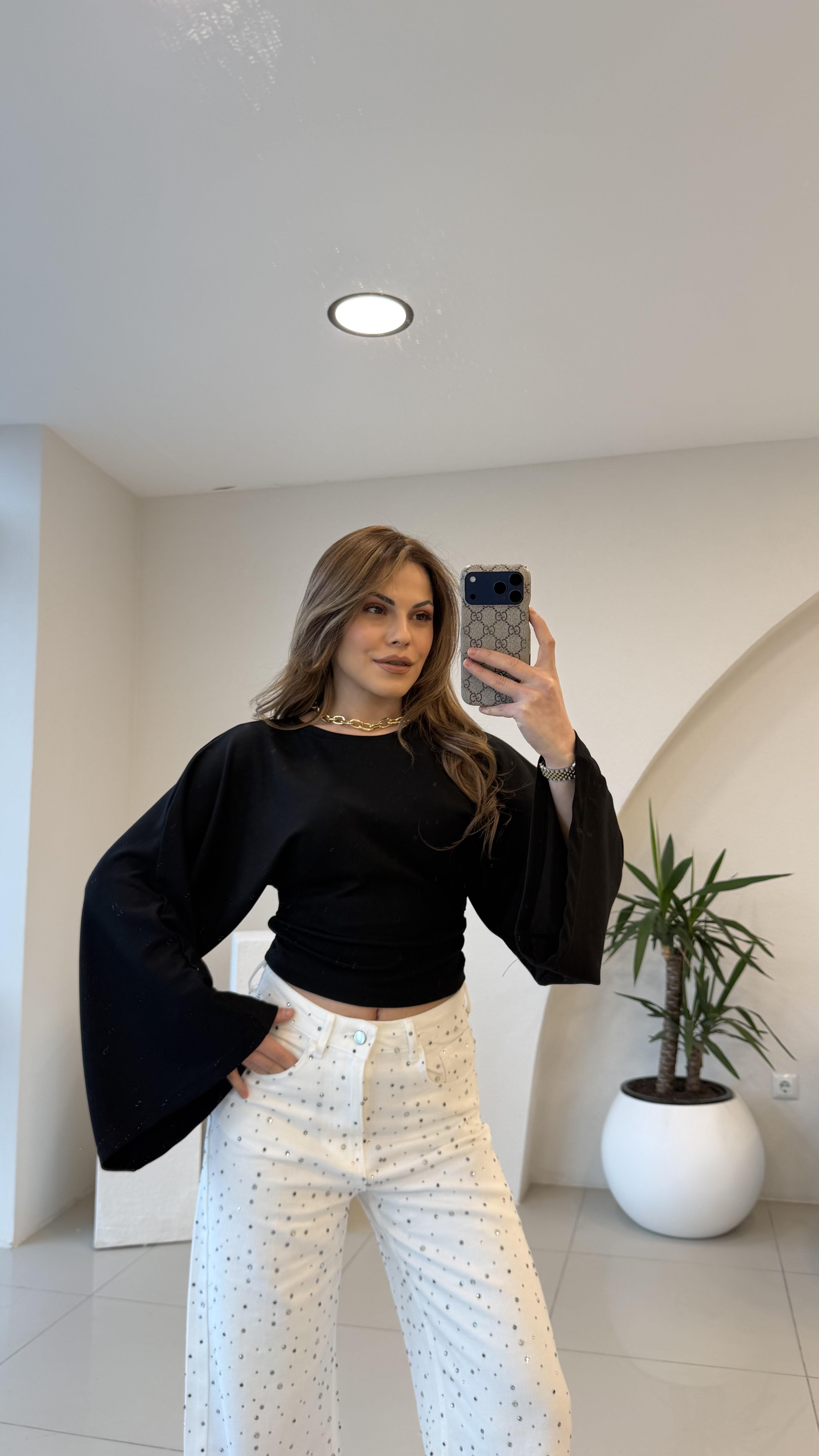 BEL OTURTMALI SİYAH MODAL BLUZ