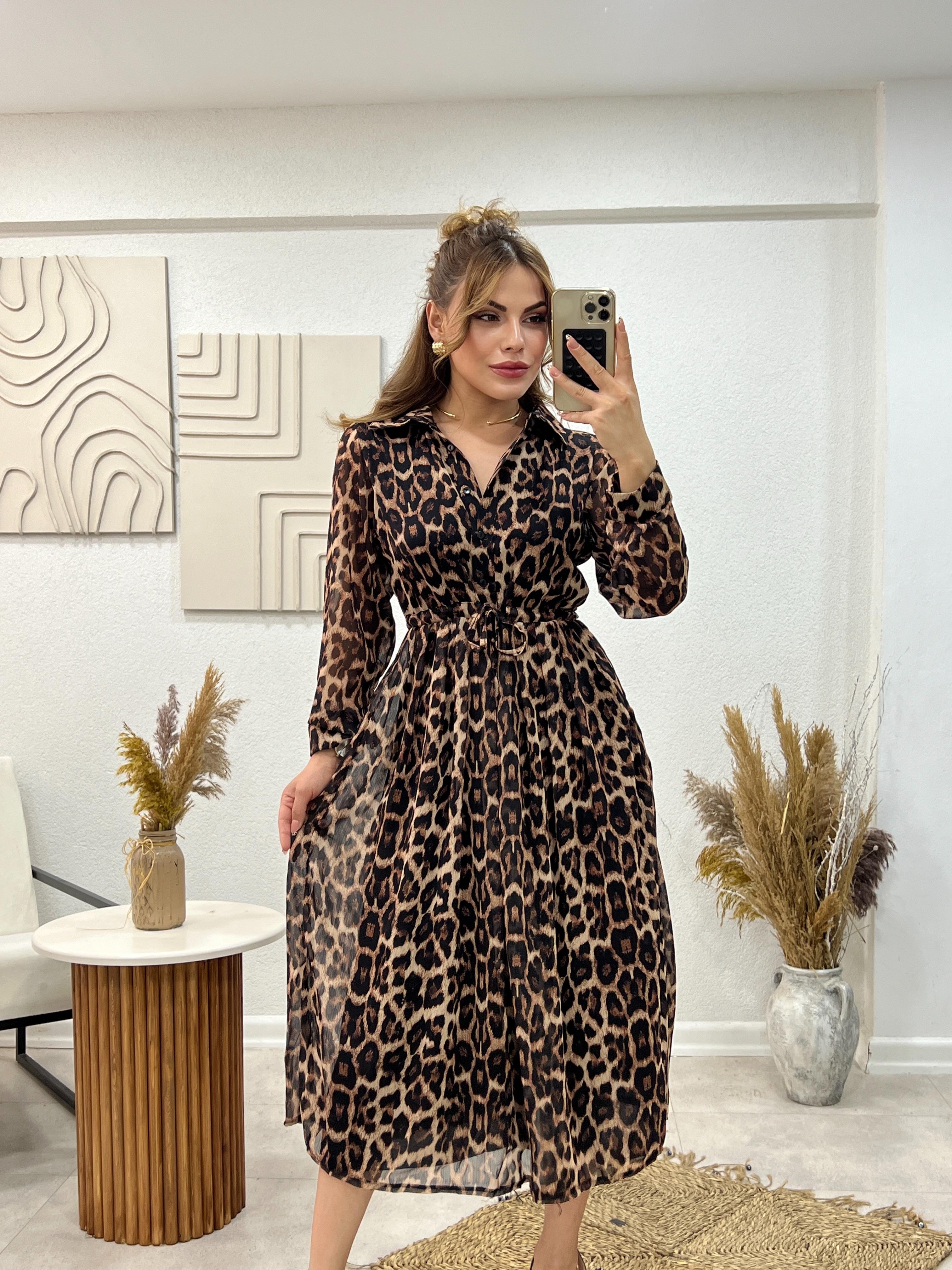 BELDAN BAĞLAMALI LEOPAR GÖMLEK ELBİSE