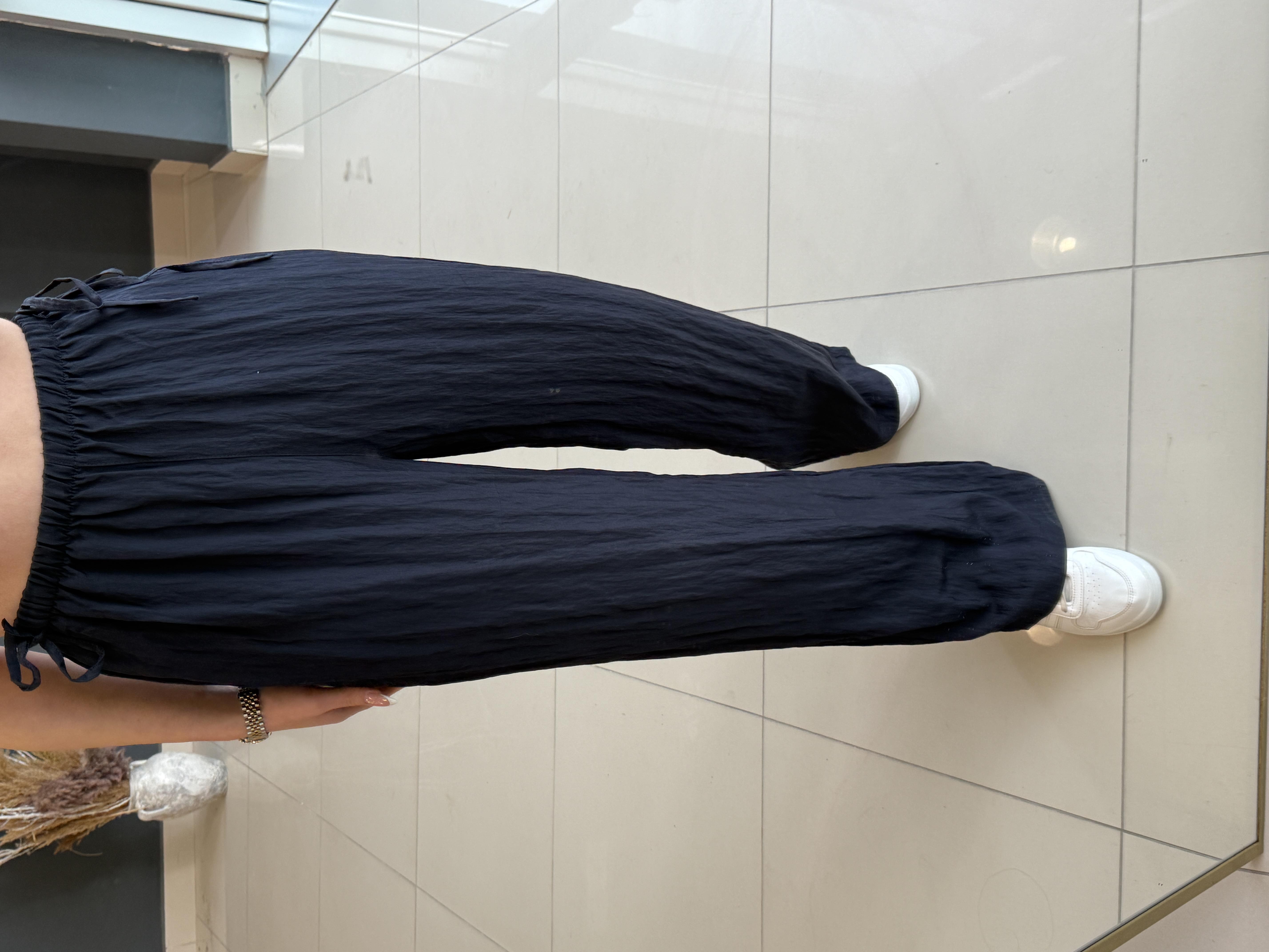 BELDEN BAĞLAMALI TENSEL BOL PAÇA PANTOLON LACİVERT