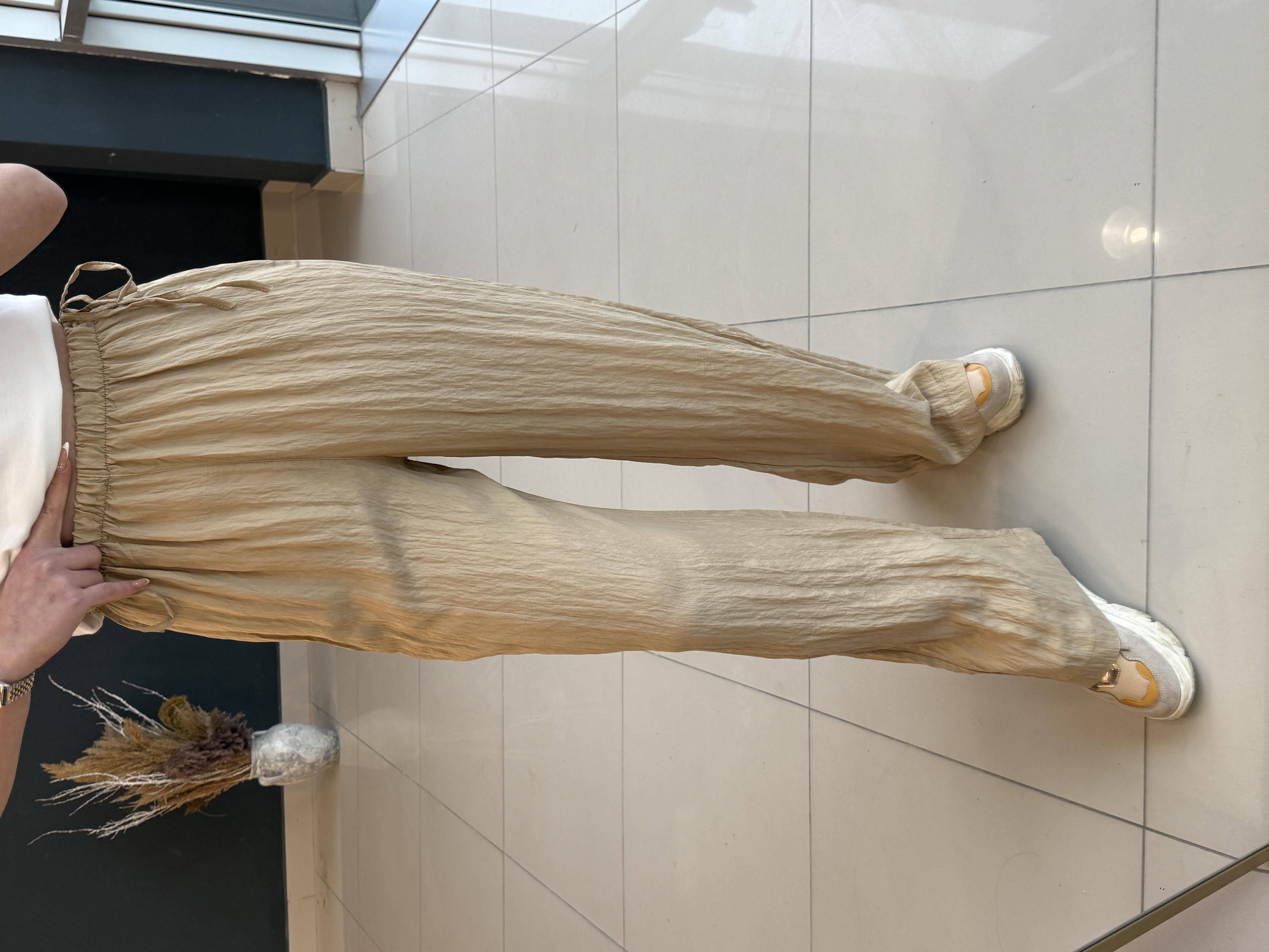 BELDEN BAĞLAMALI TENSEL BOL PAÇA PANTOLON CAMEL