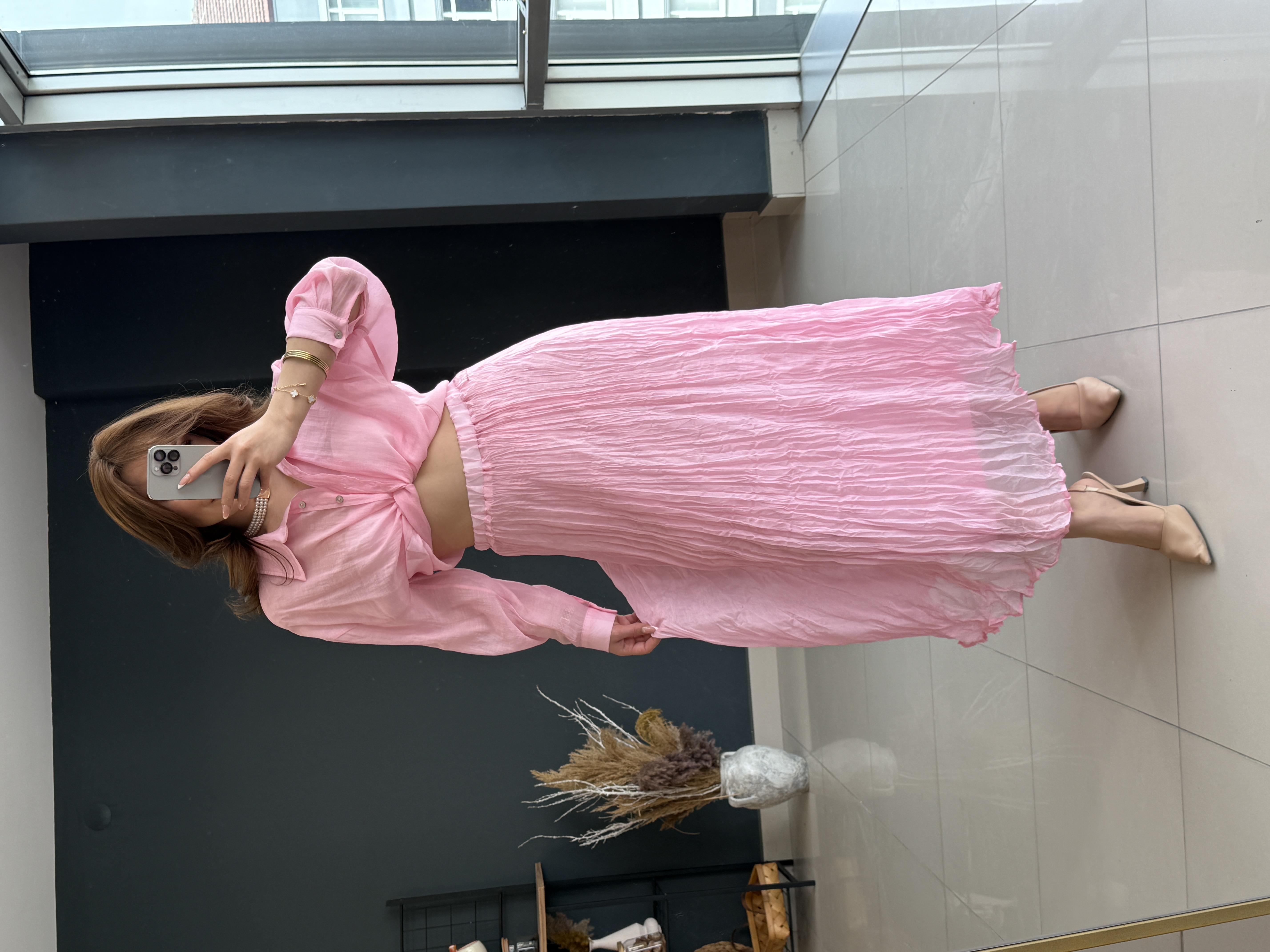 BELİ LASTİKLİ ETEK PEMBE