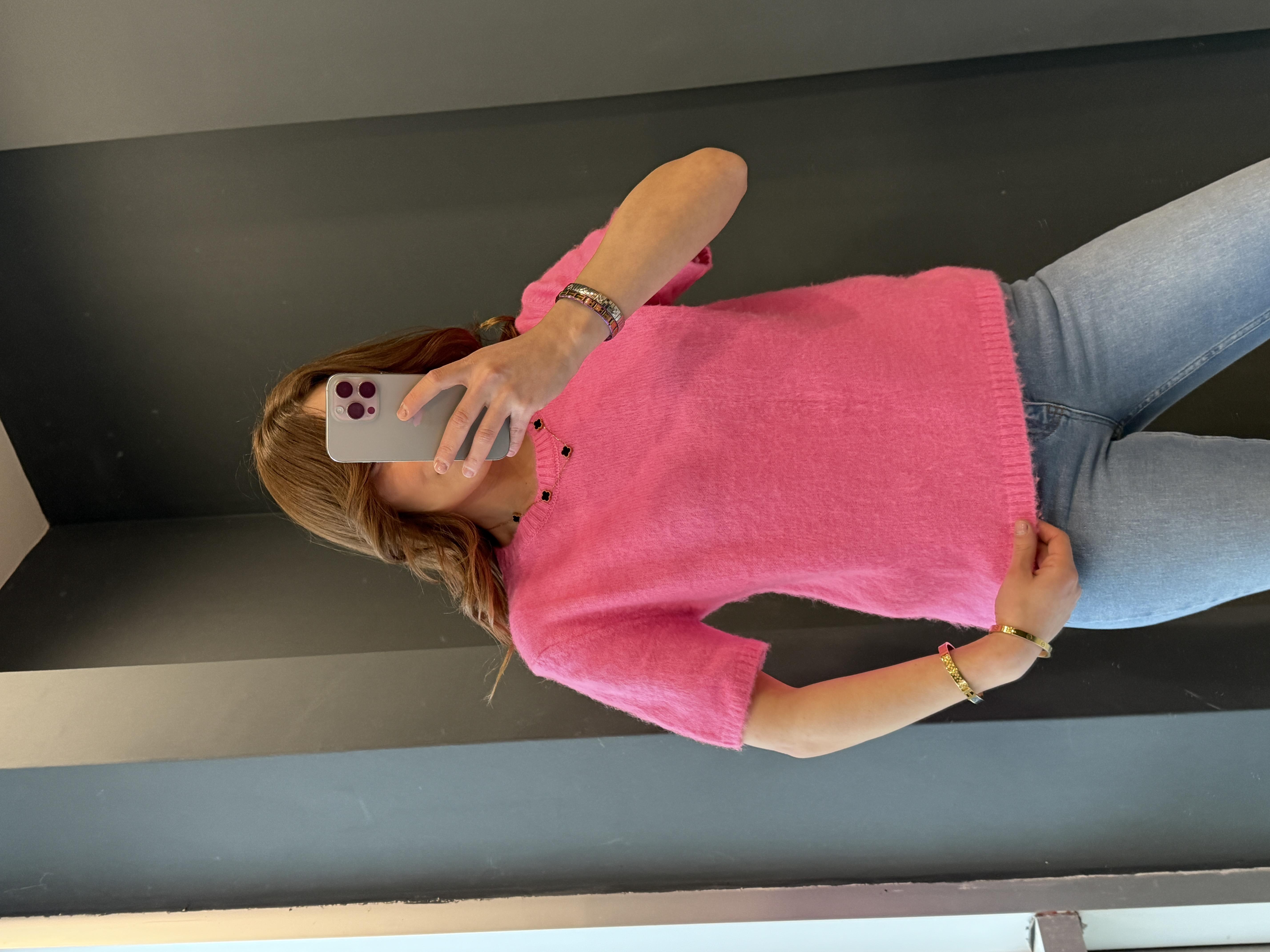 BİSİKLET YAKA SAKALLI KISA KOL  TRİKO PEMBE