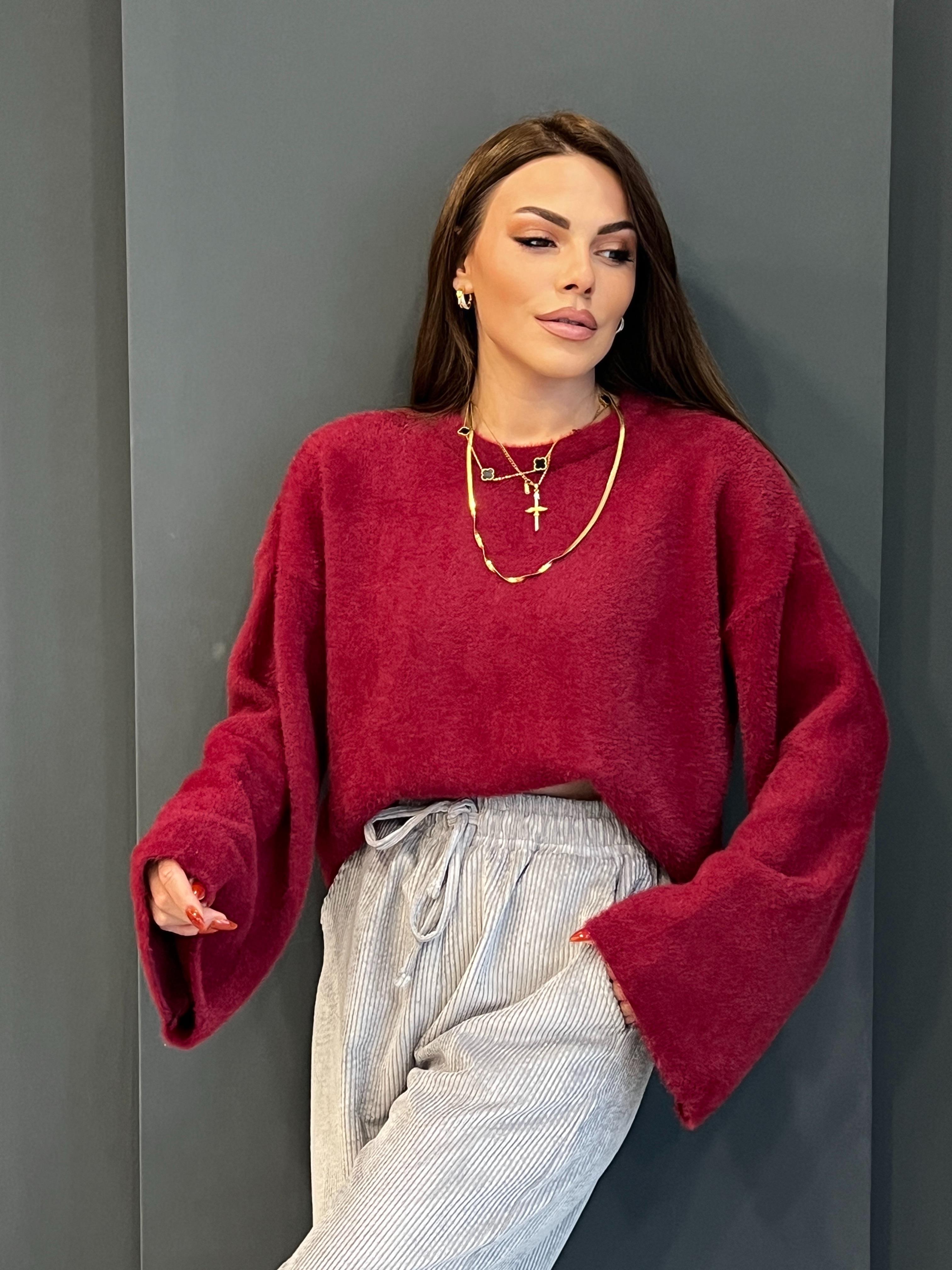 BORDO GENİŞ KOL DETAYLI MARKA MODEL YUMOŞ KAZAK 