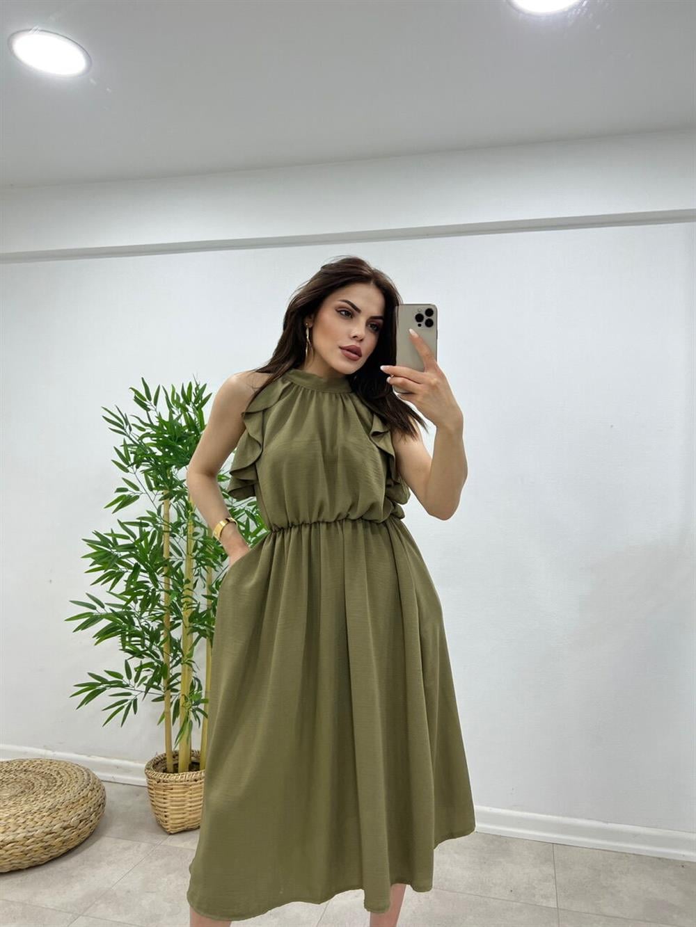 BOYUNDAN BAĞLAMALI KETEN ELBİSE HAKİ YEŞİL