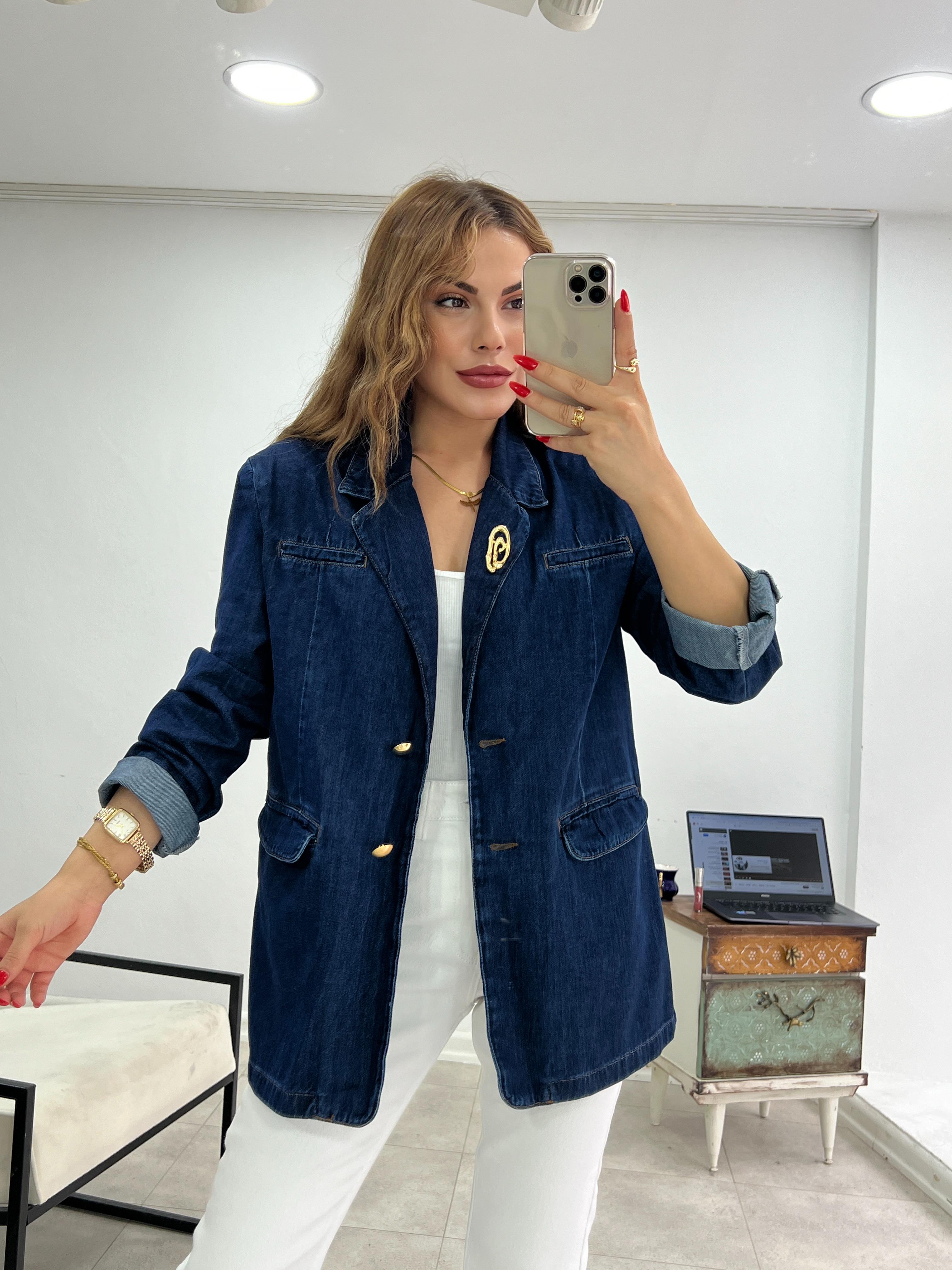 BROŞ DETAYLI BLAZER DENİM CEKET LACİVERT