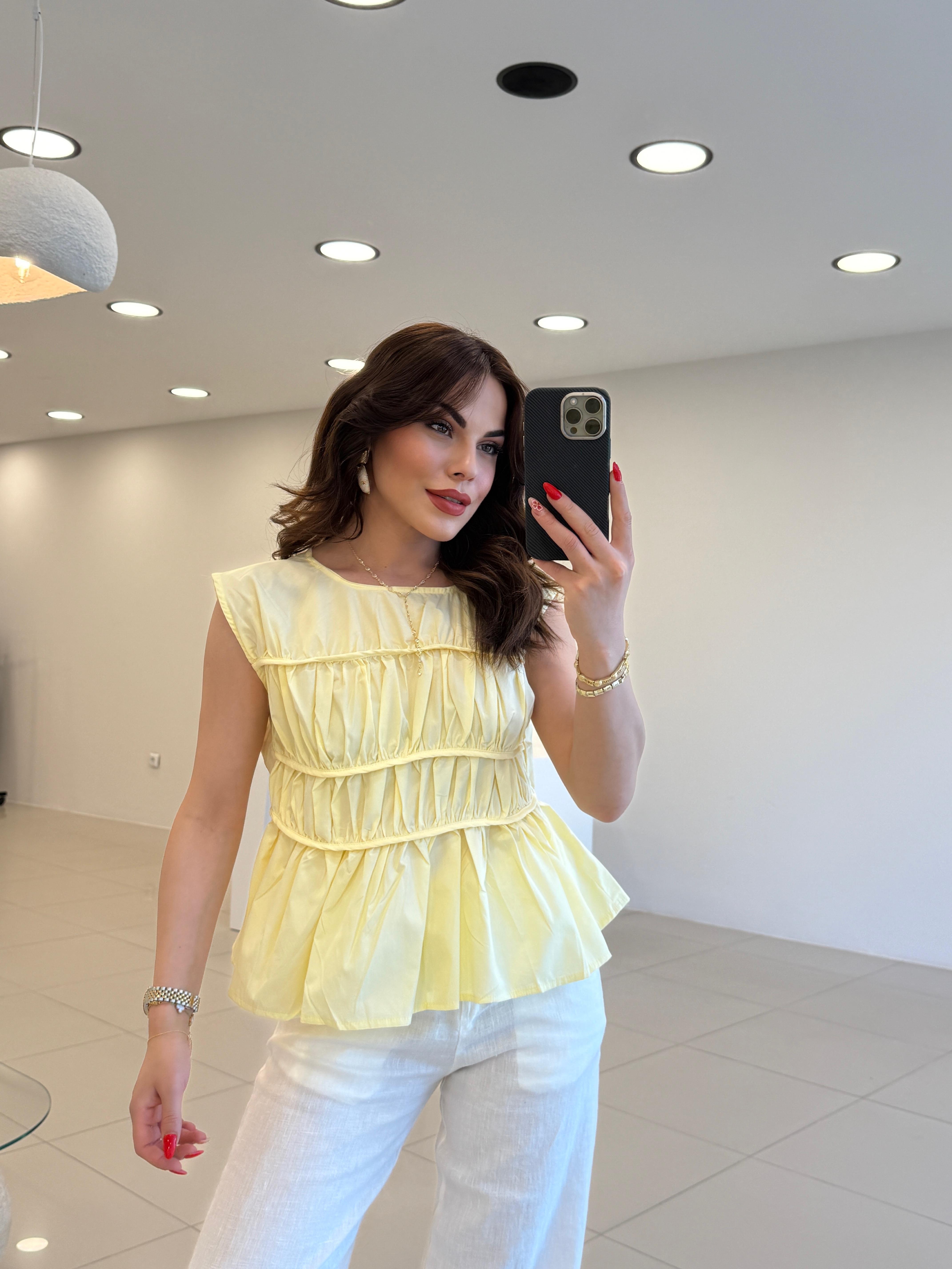 BÜZGÜLÜ TASARIM POPLİN BLUZ SARI