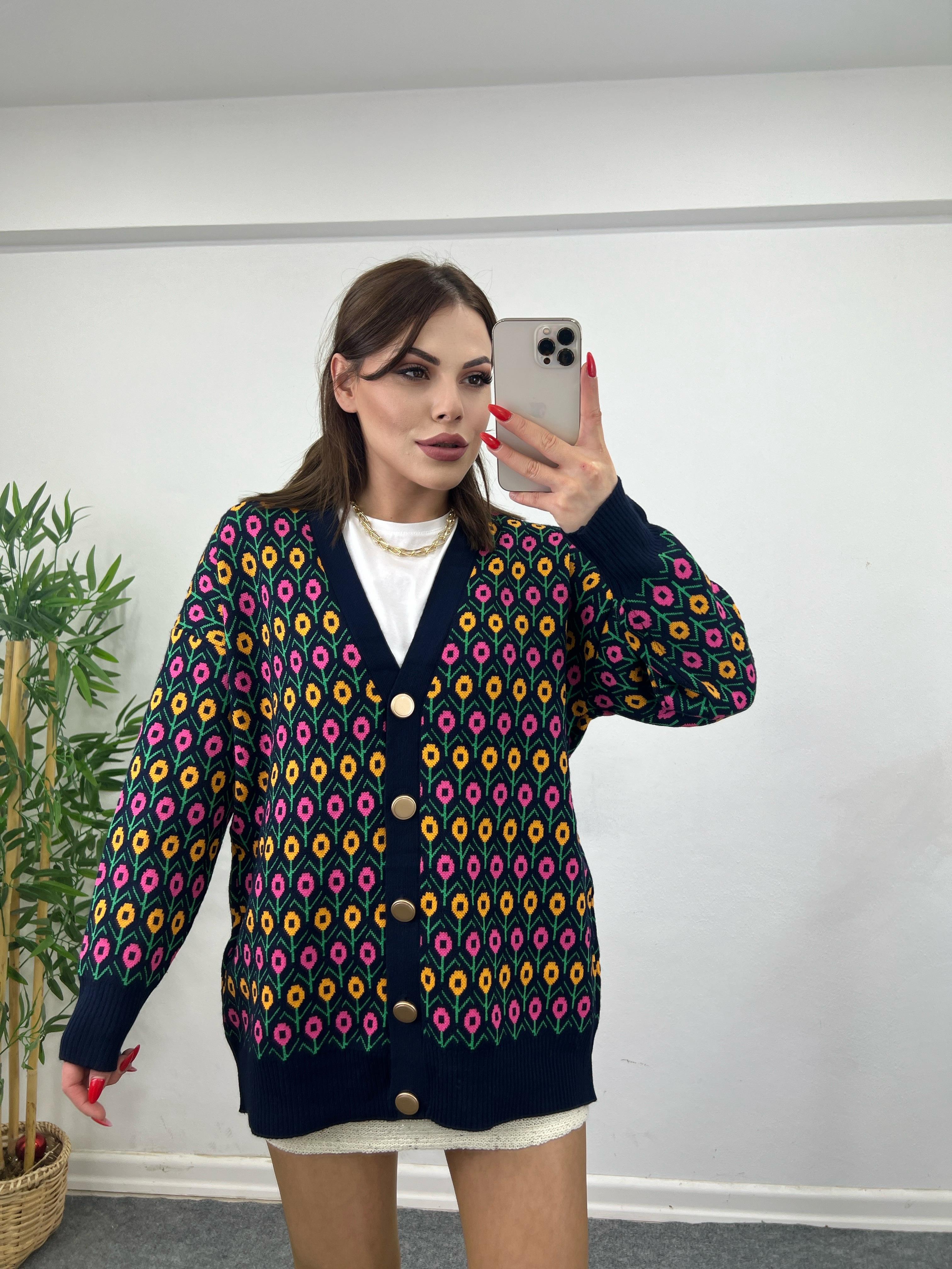 ÇİÇEK DESENLİ HIRKA LACİVERT -ORANJ