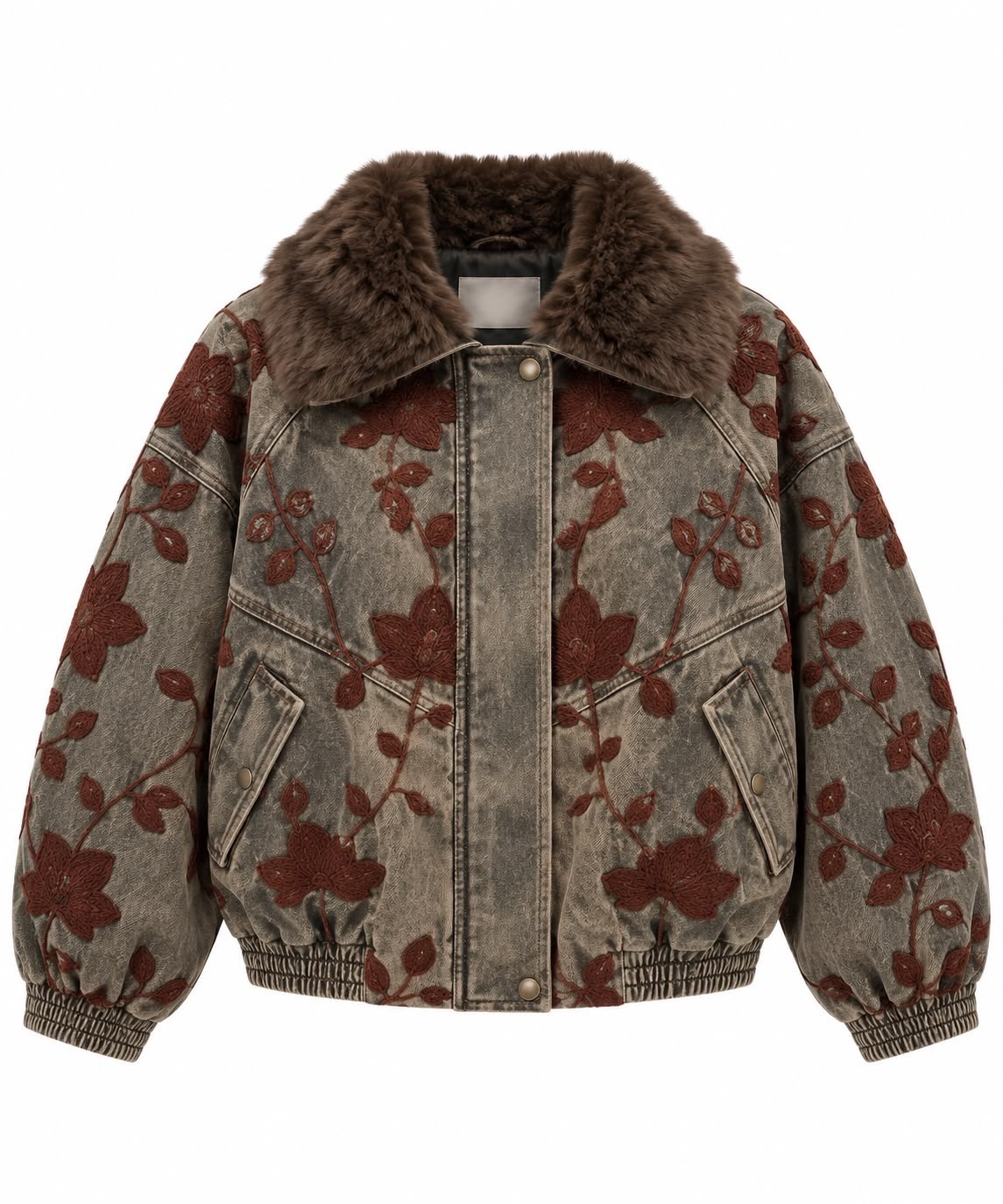 Çiçek İşlemeli Kürk Yakalı Denim Bomber Ceket Gri