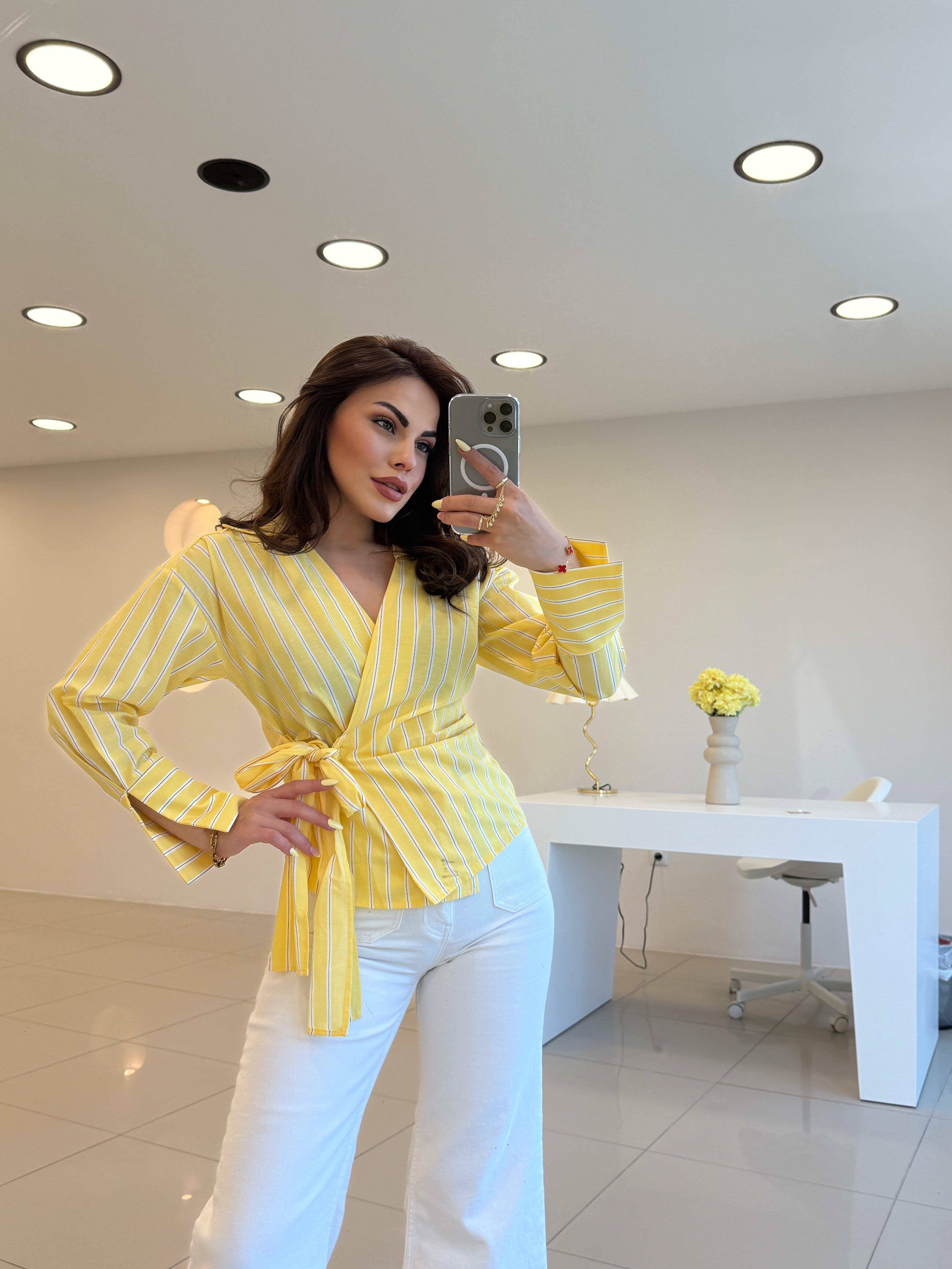 ÇİZGİLİ BAPLAMALI GÖMLEK SARI