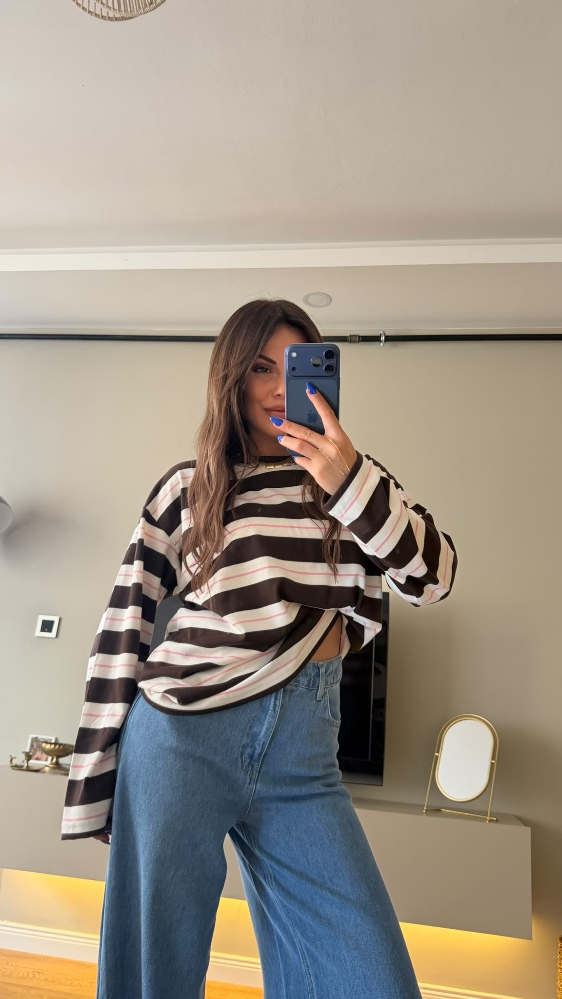 Çizgili Bisiklet Yaka Oversize Sweatshirt Siyah