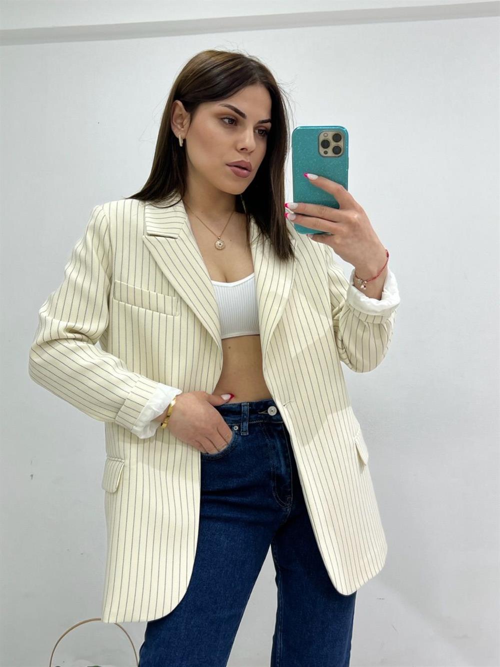 ÇİZGİLİ BLAZER CEKET EKRU