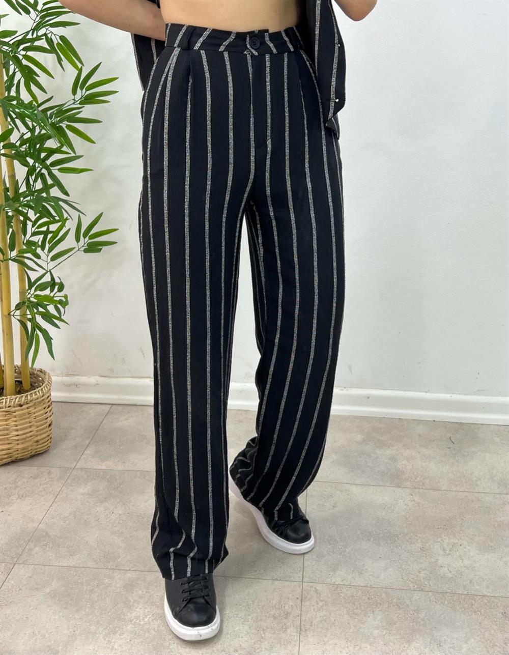 ÇİZGİLİ PALAZZO PANTOLON SİYAH