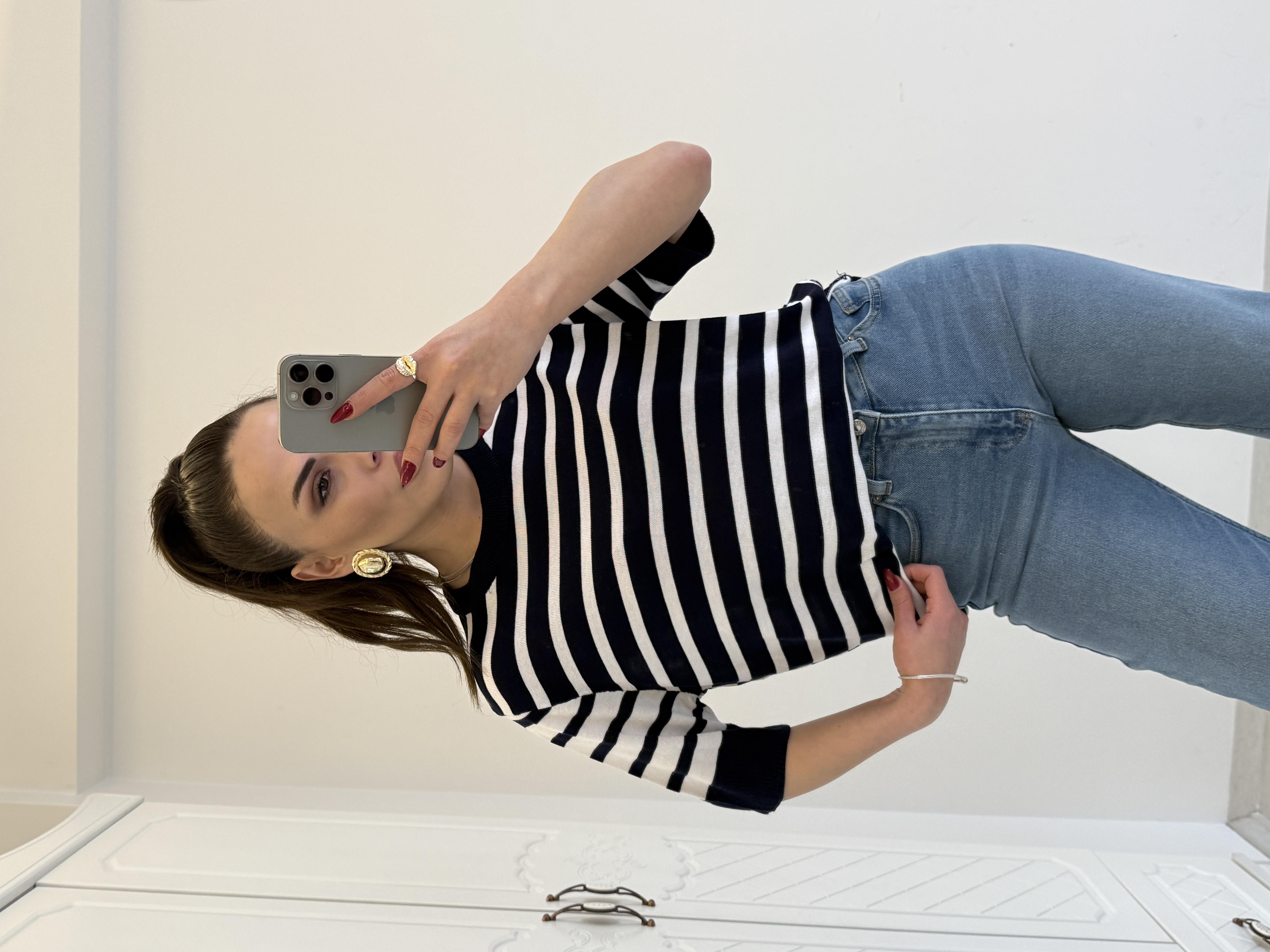 ÇİZGİLİ PAMUK BLUZ LACİVERT