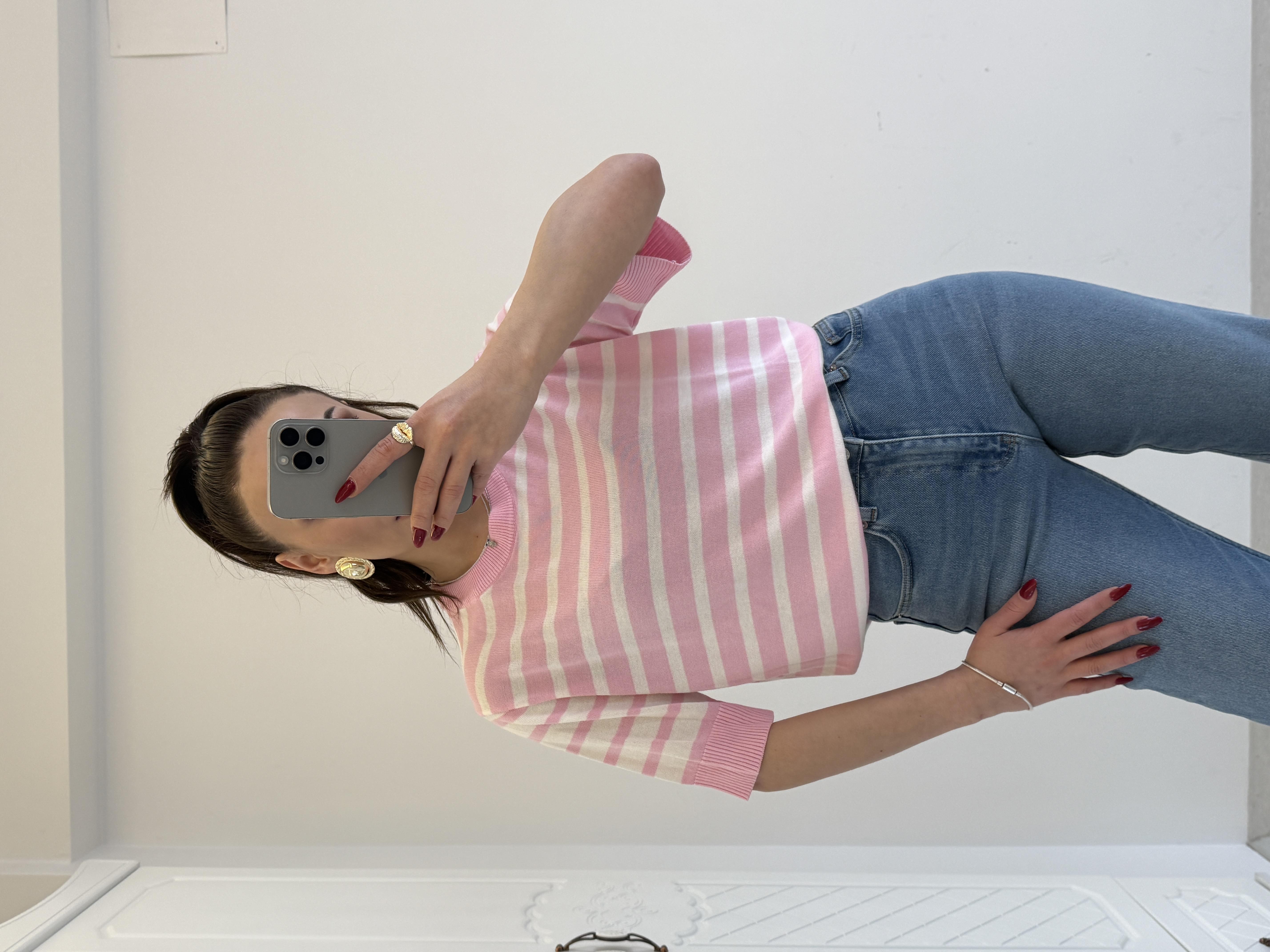 ÇİZGİLİ PAMUK BLUZ PEMBE