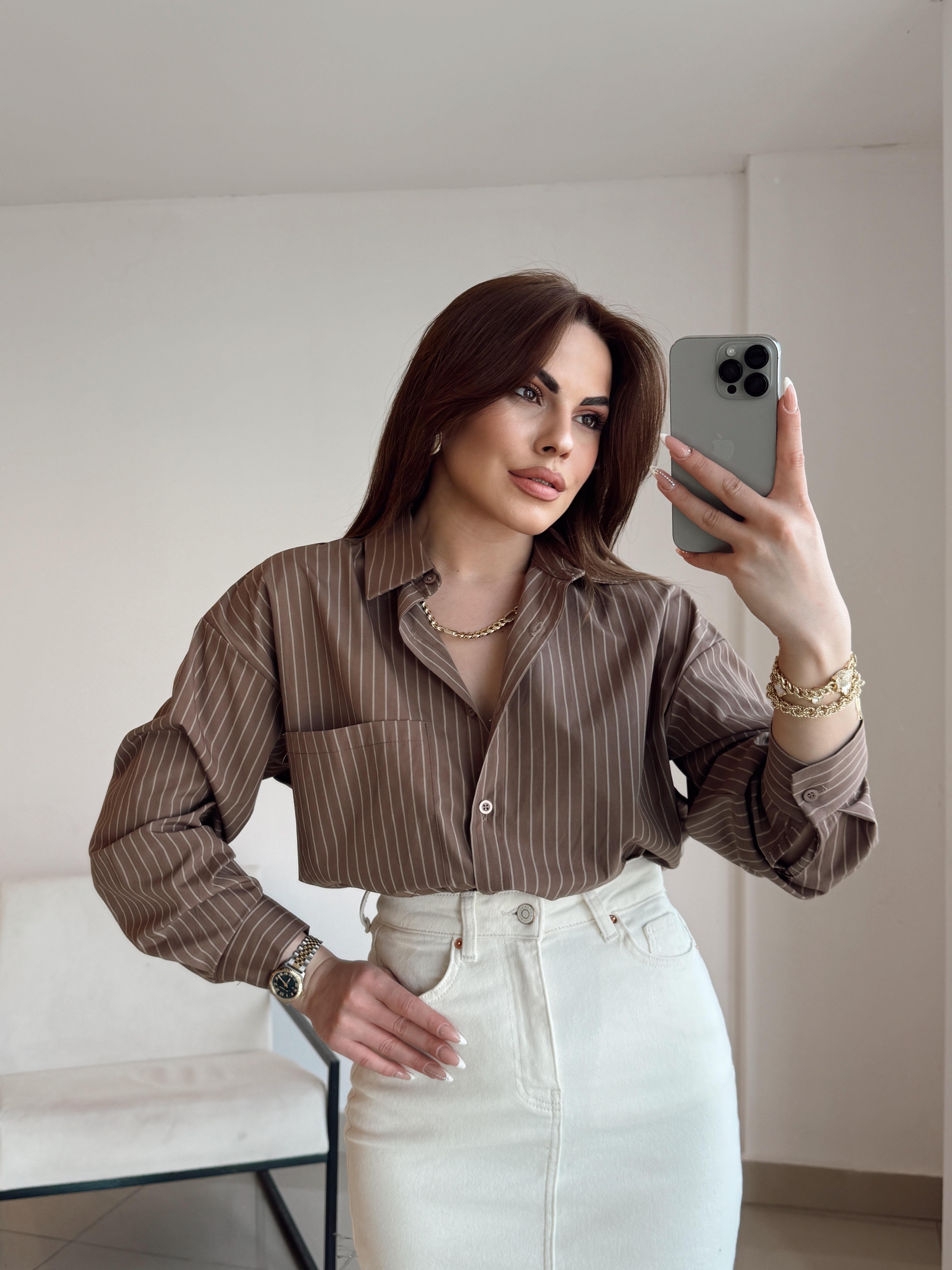 ÇİZGİLİ POPLİN GÖMLEK KAHVE