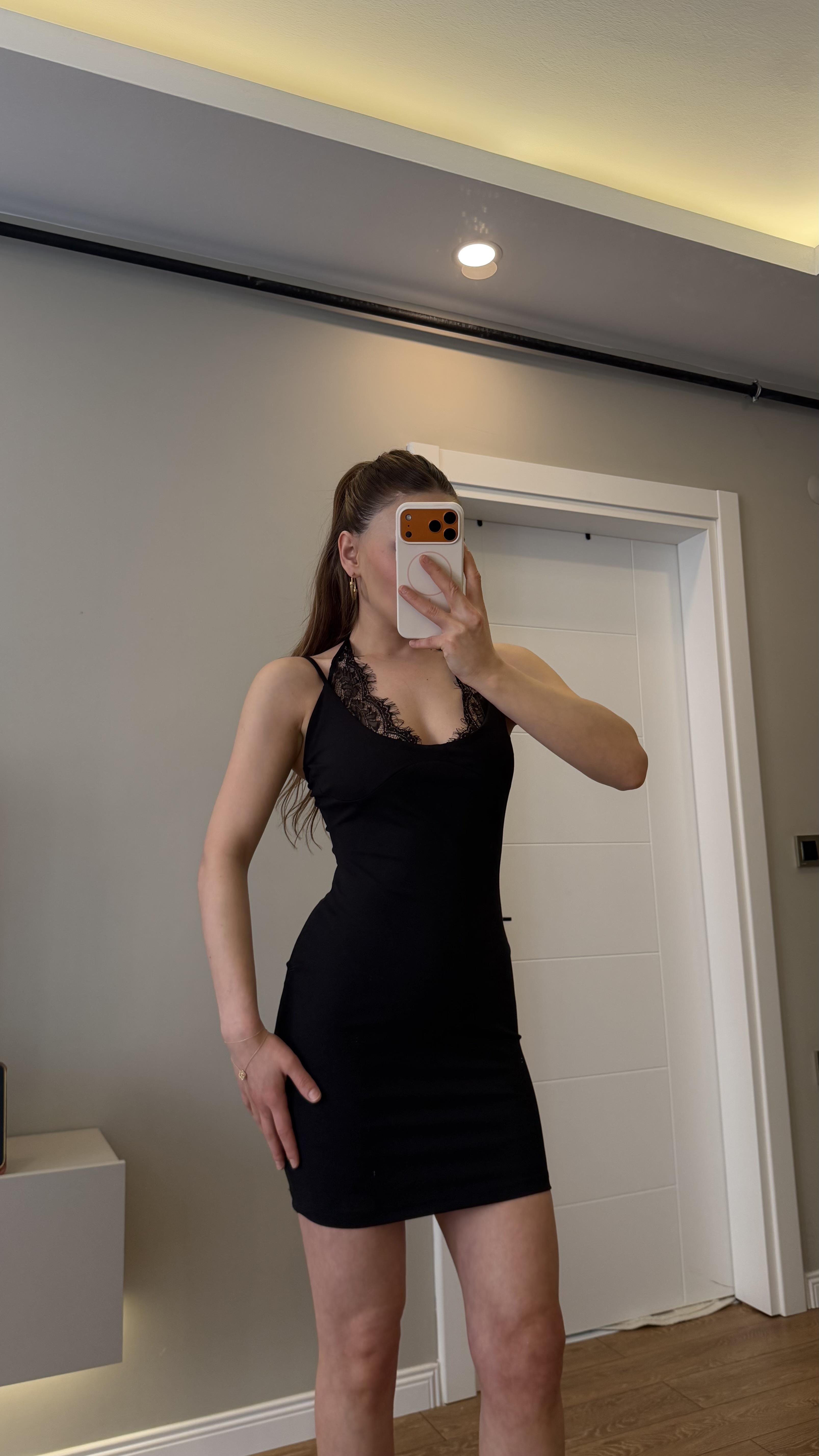 Dantel Dantel Detaylı Elbise Siyah 