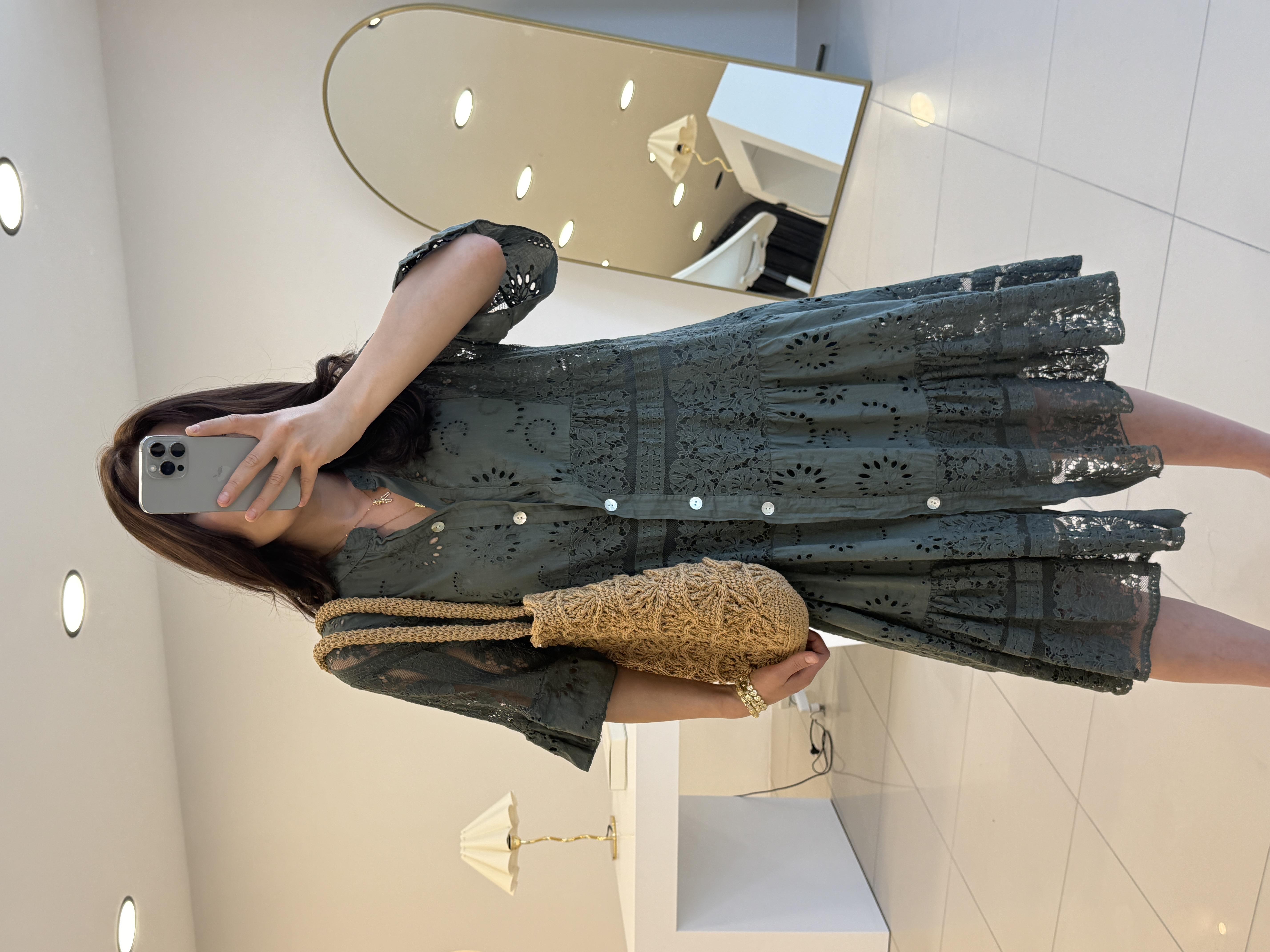 DANTELLİ KISA KOL PAMUKLU KETEN ELBİSE YEŞİL