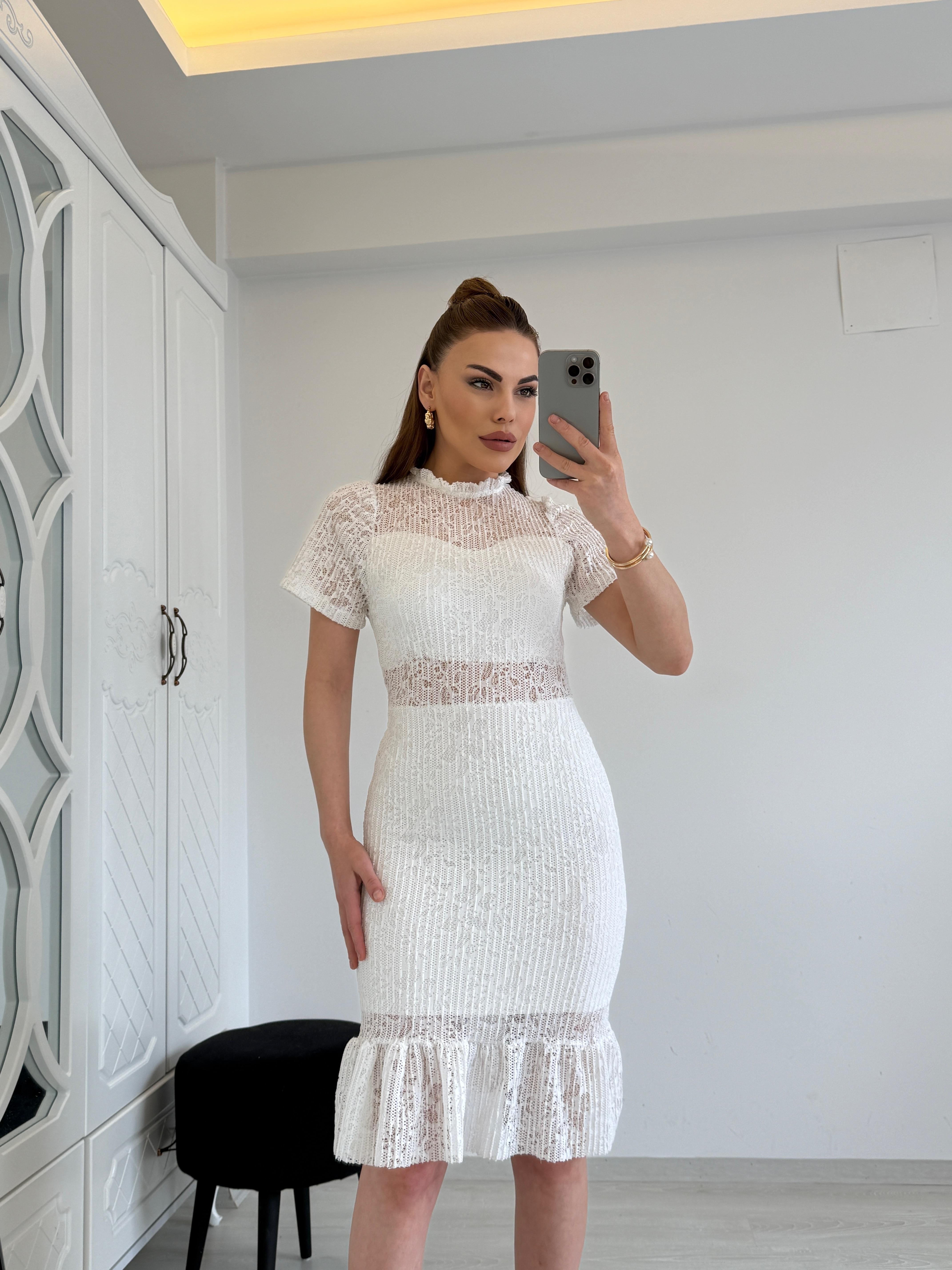 DANTELLİ TASARIM MİNİ BOY ASTARLI ELBİSE BEYAZ