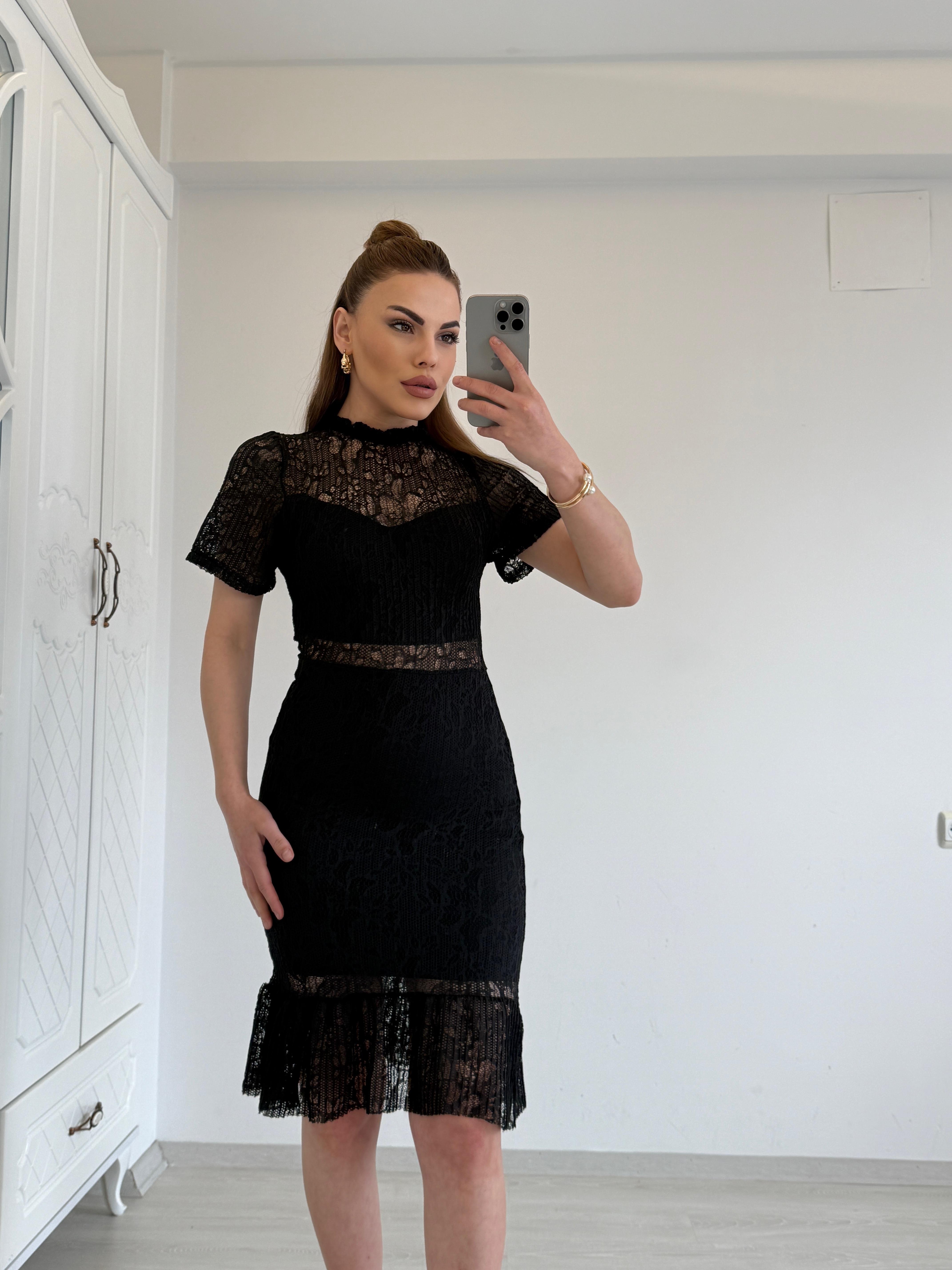 DANTELLİ TASARIM MİNİ BOY ASTARLI ELBİSE SİYAH