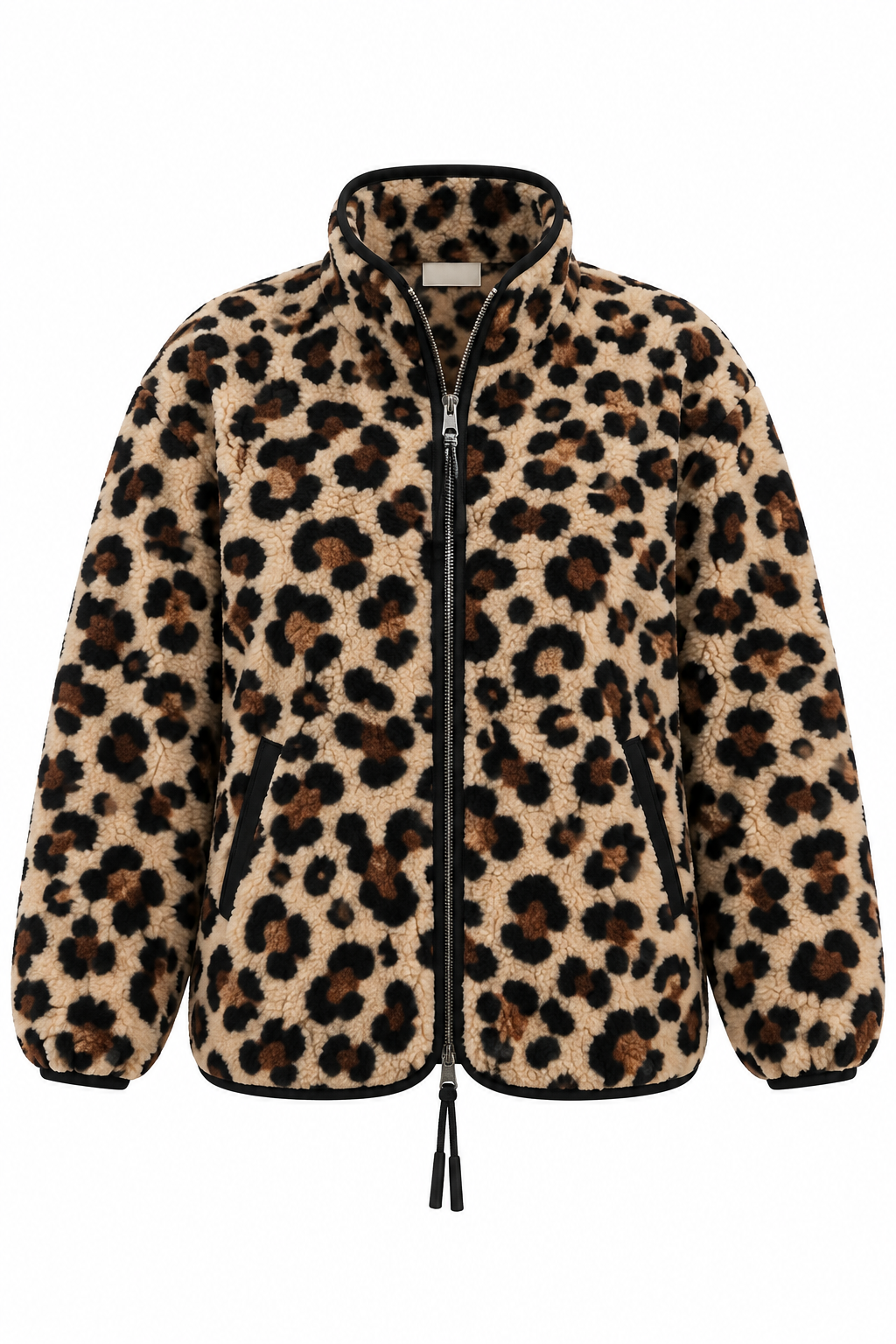 Desenli Fermuarlı Peluş Leopar Mont