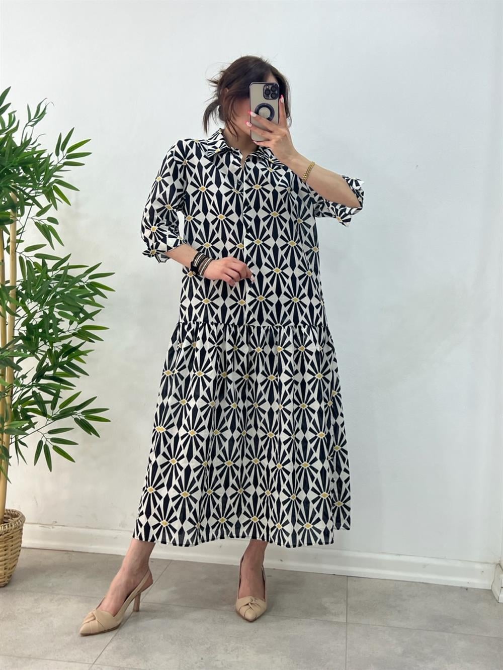 DESENLİ KETEN ELBİSE