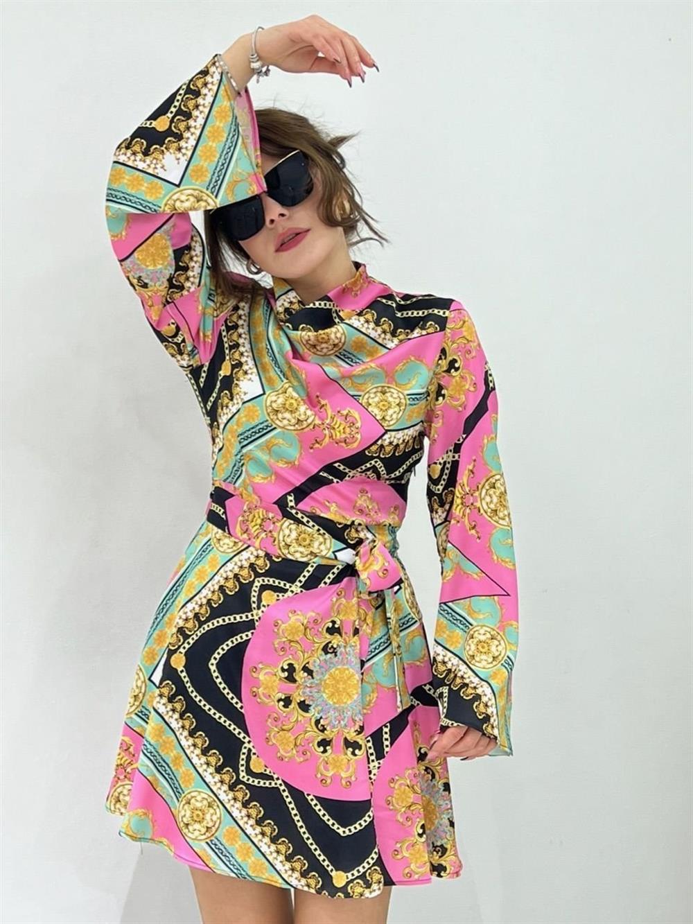 DESENLİ SATEN ELBİSE