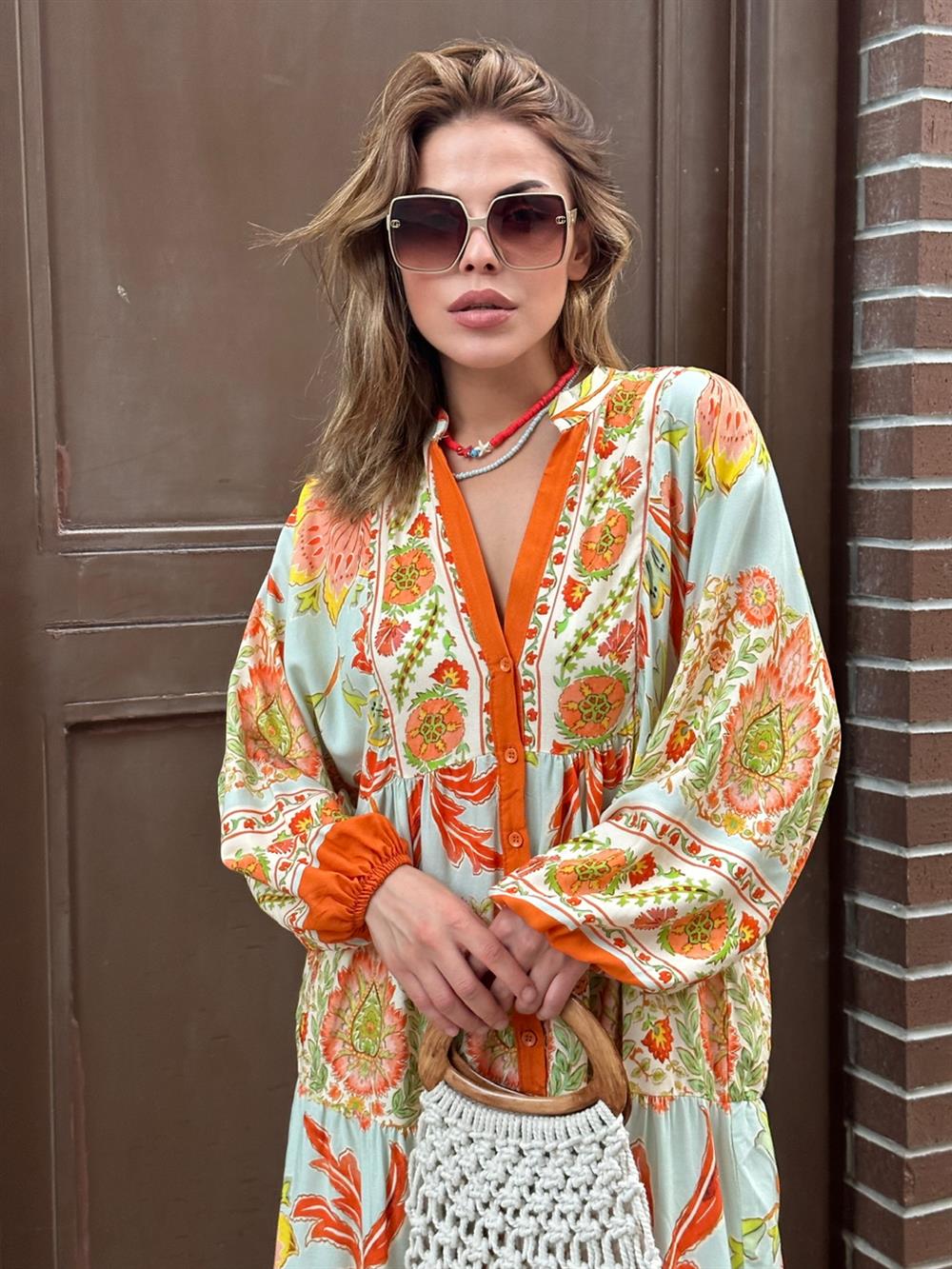 DESENLİ TESETTÜRE UYUMLU VİSCON  ELBİSE (Turuncu)