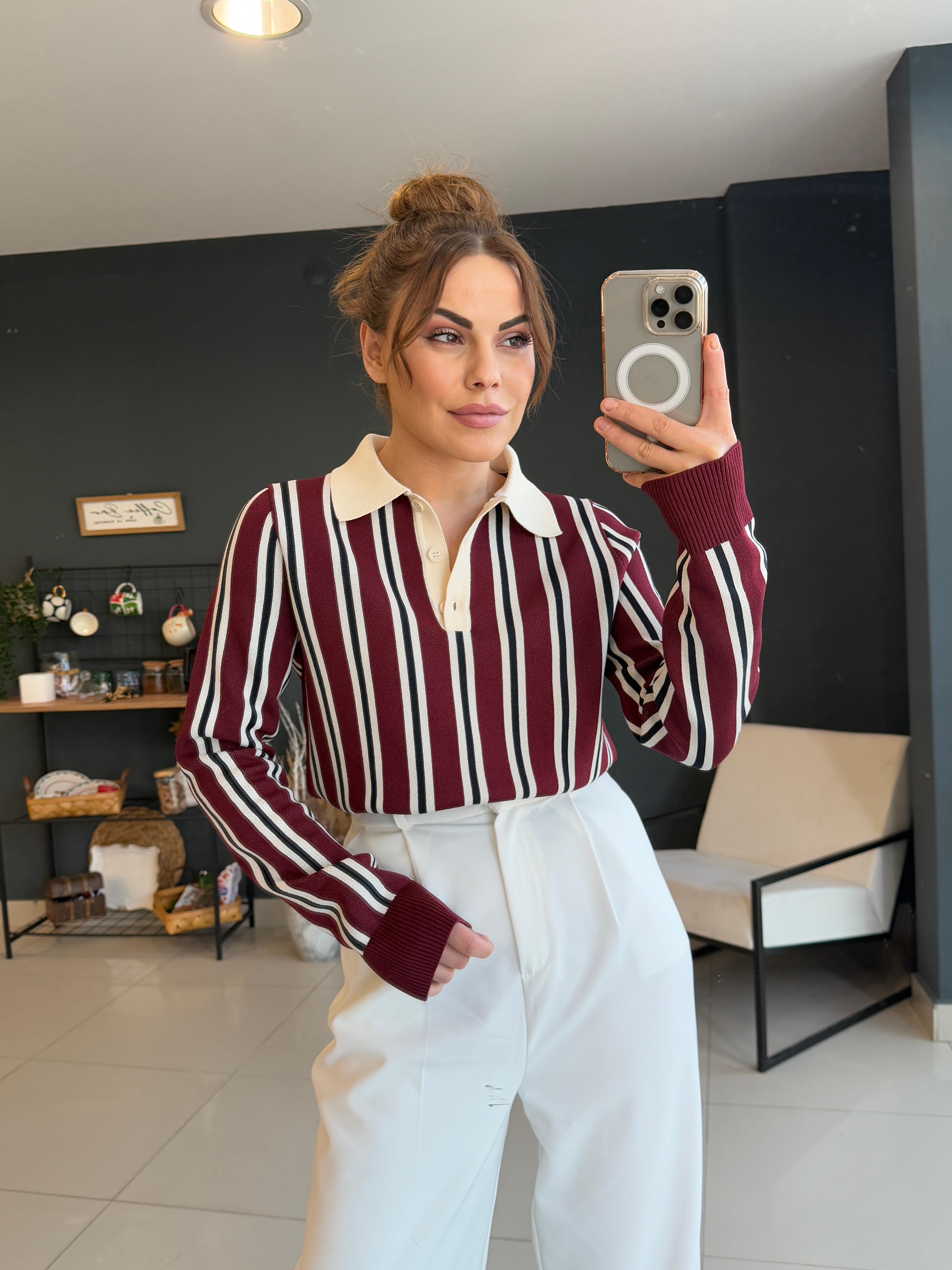 DİLVİN ÇİZGİLİ BLUZ BORDO