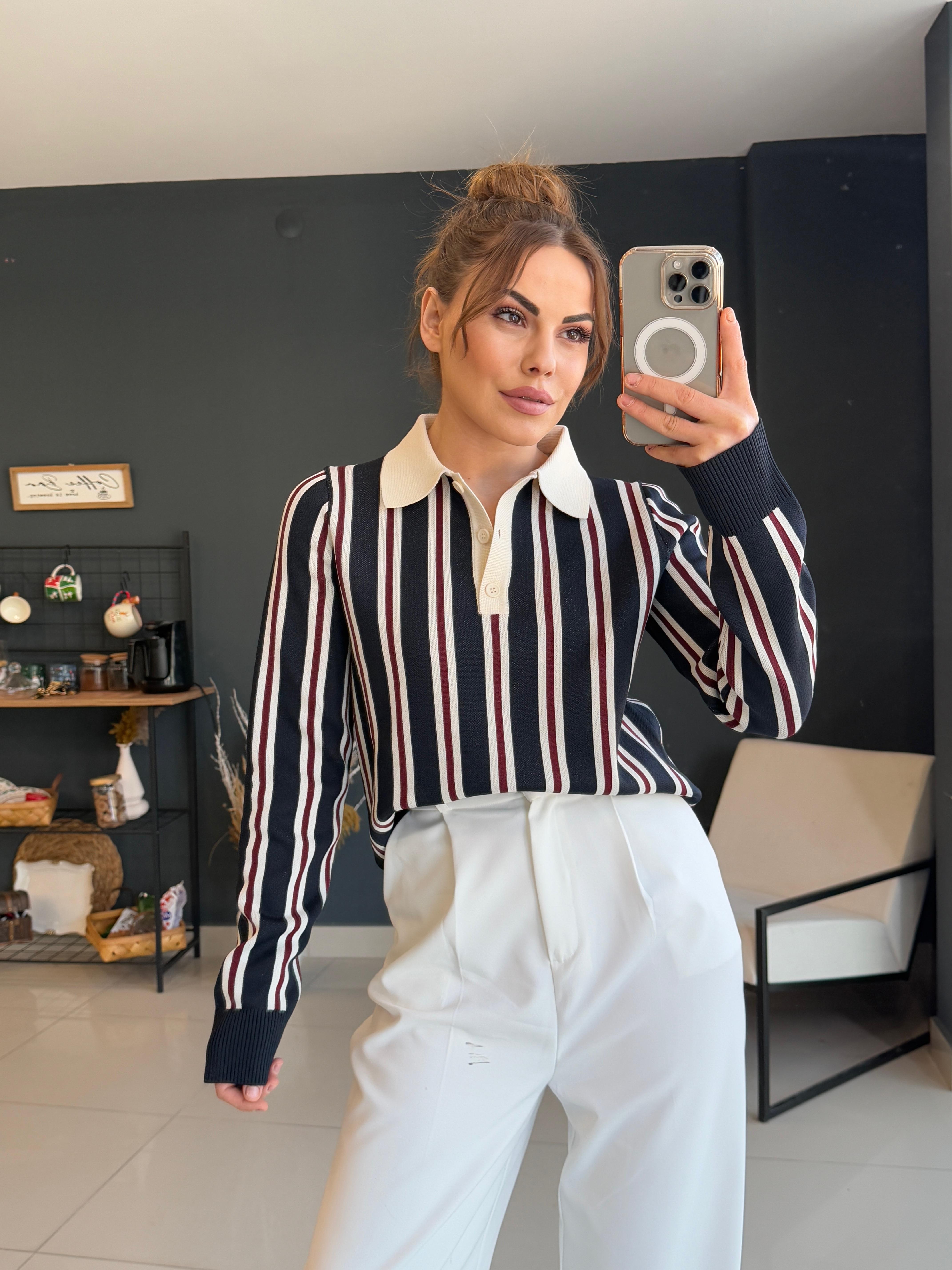 DİLVİN ÇİZGİLİ BLUZ LACİVERT 