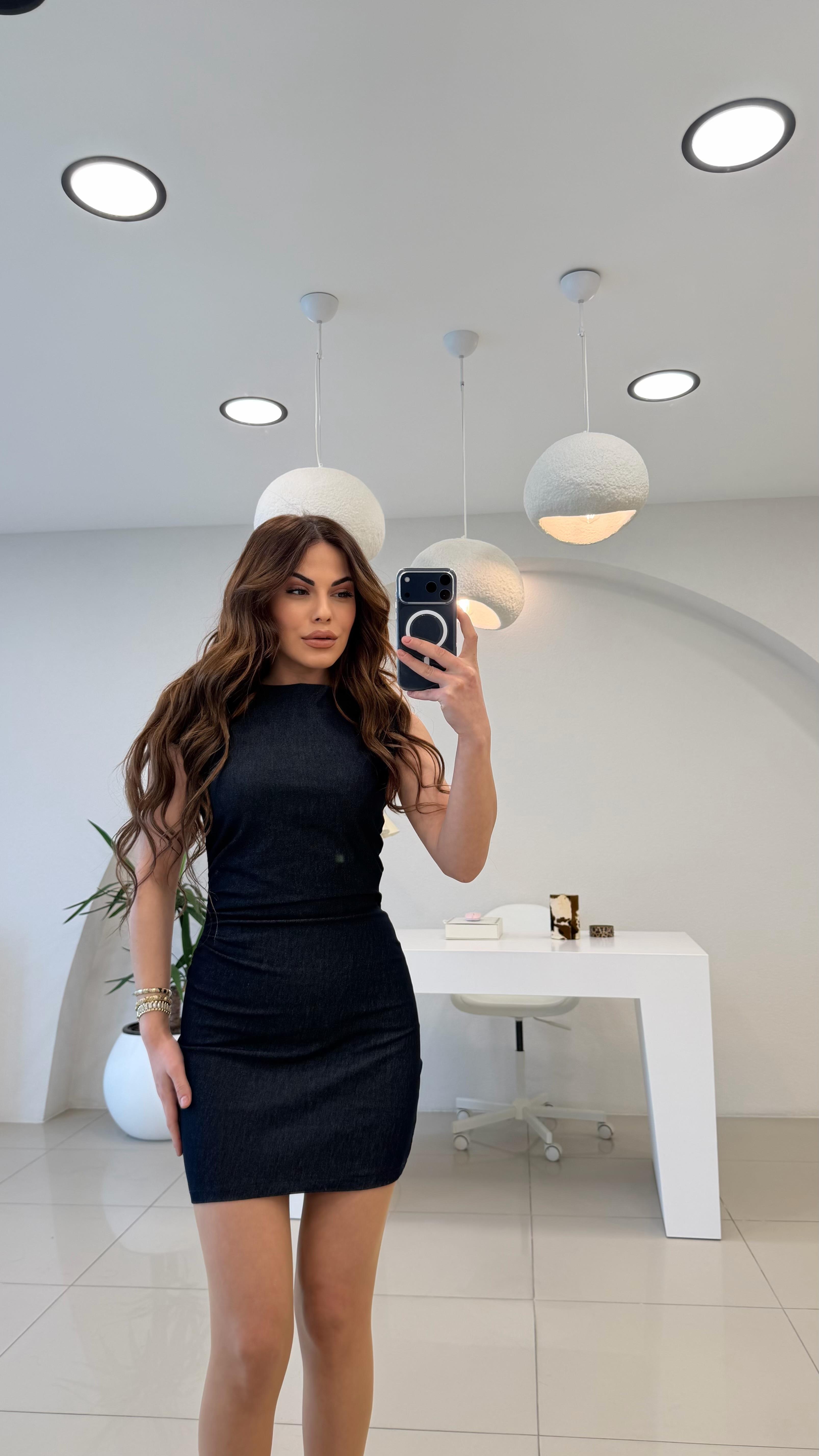 DRAPELİ LİKRALI KUMAŞ ELBİSE LACİVERT