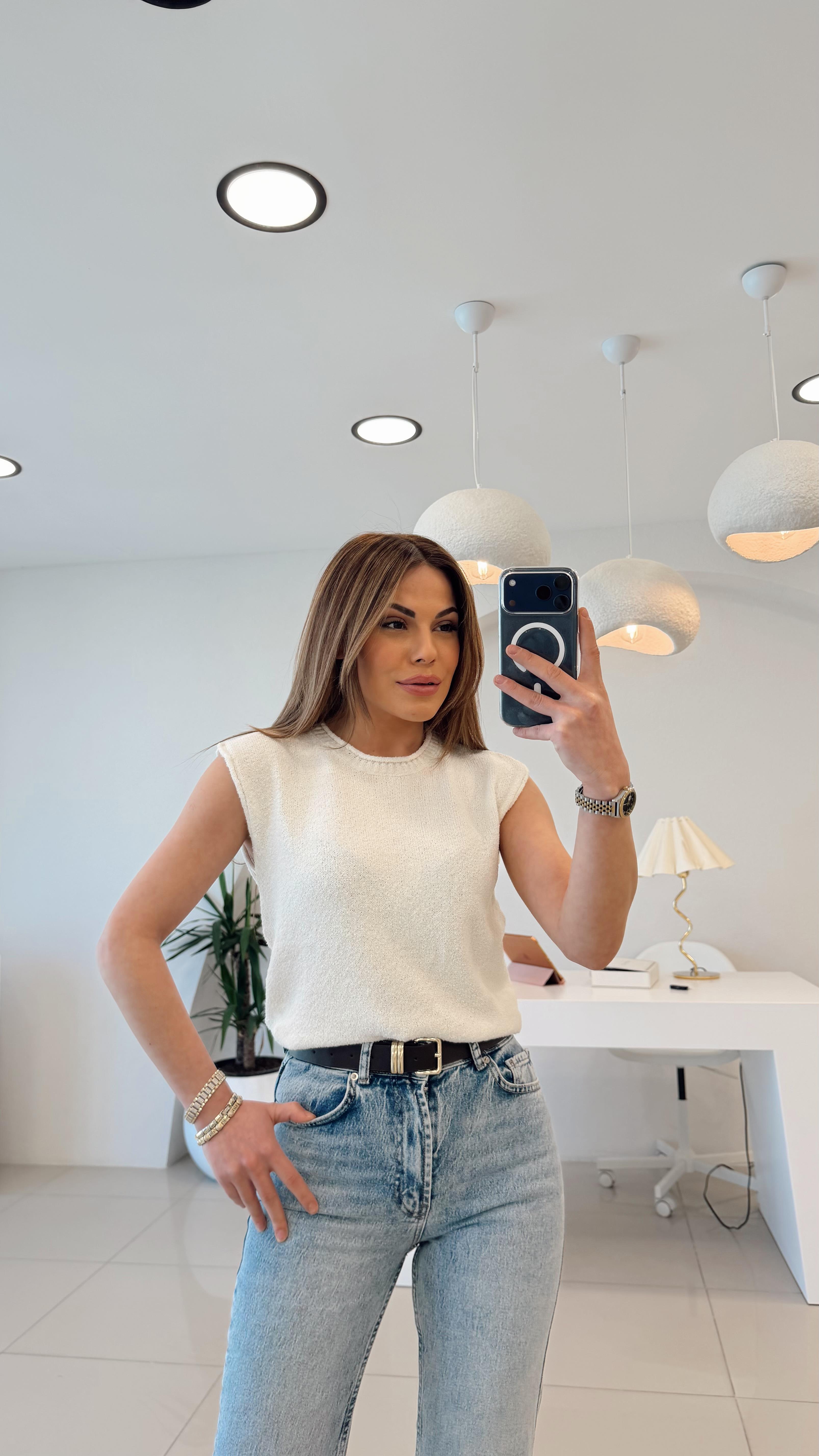 DÜŞÜK KOL EKRU TRİKO BLUZ EKRU