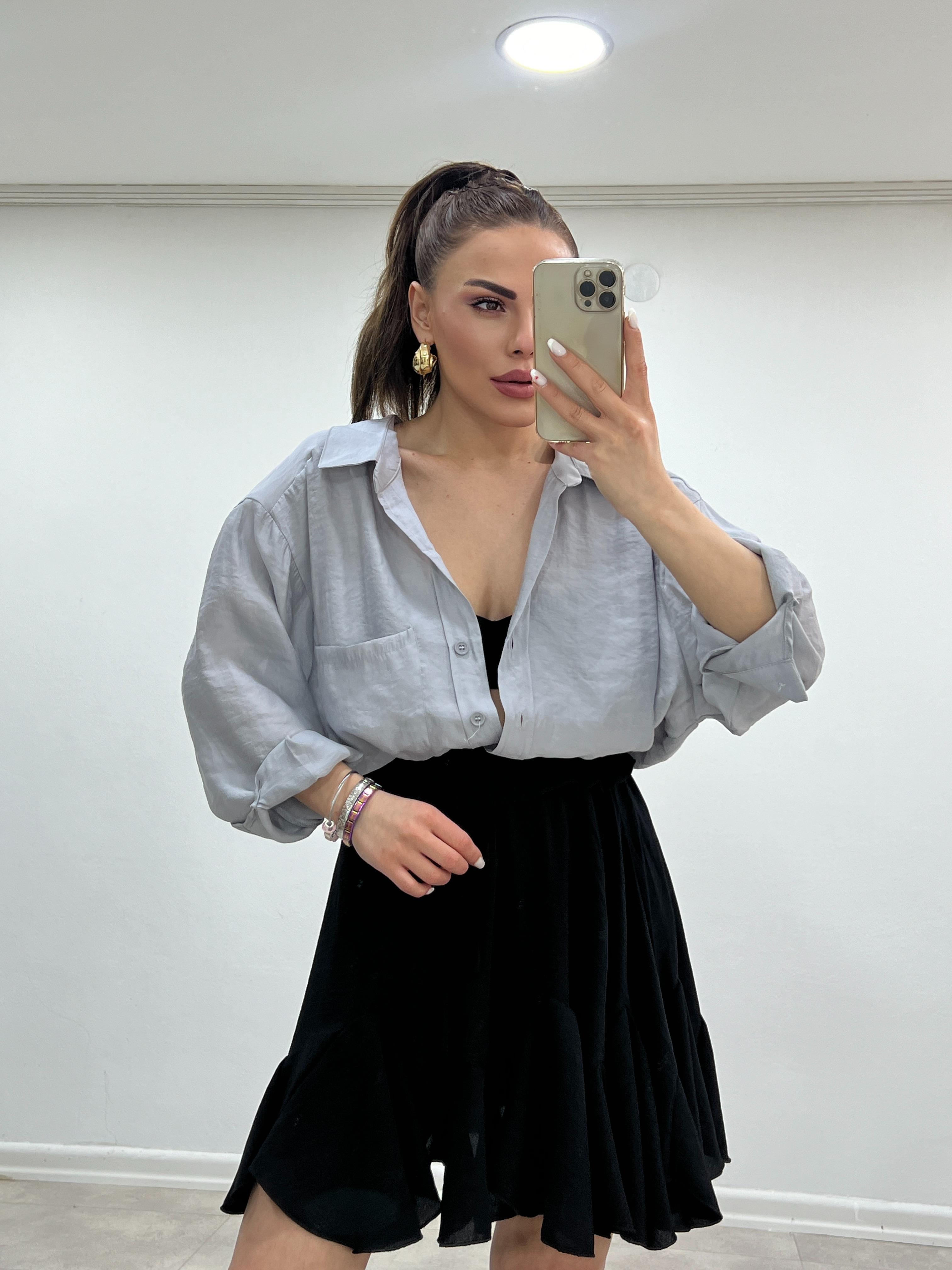 DÜŞÜK OMUZLU OVERSİZE GÖMLEK GRİ