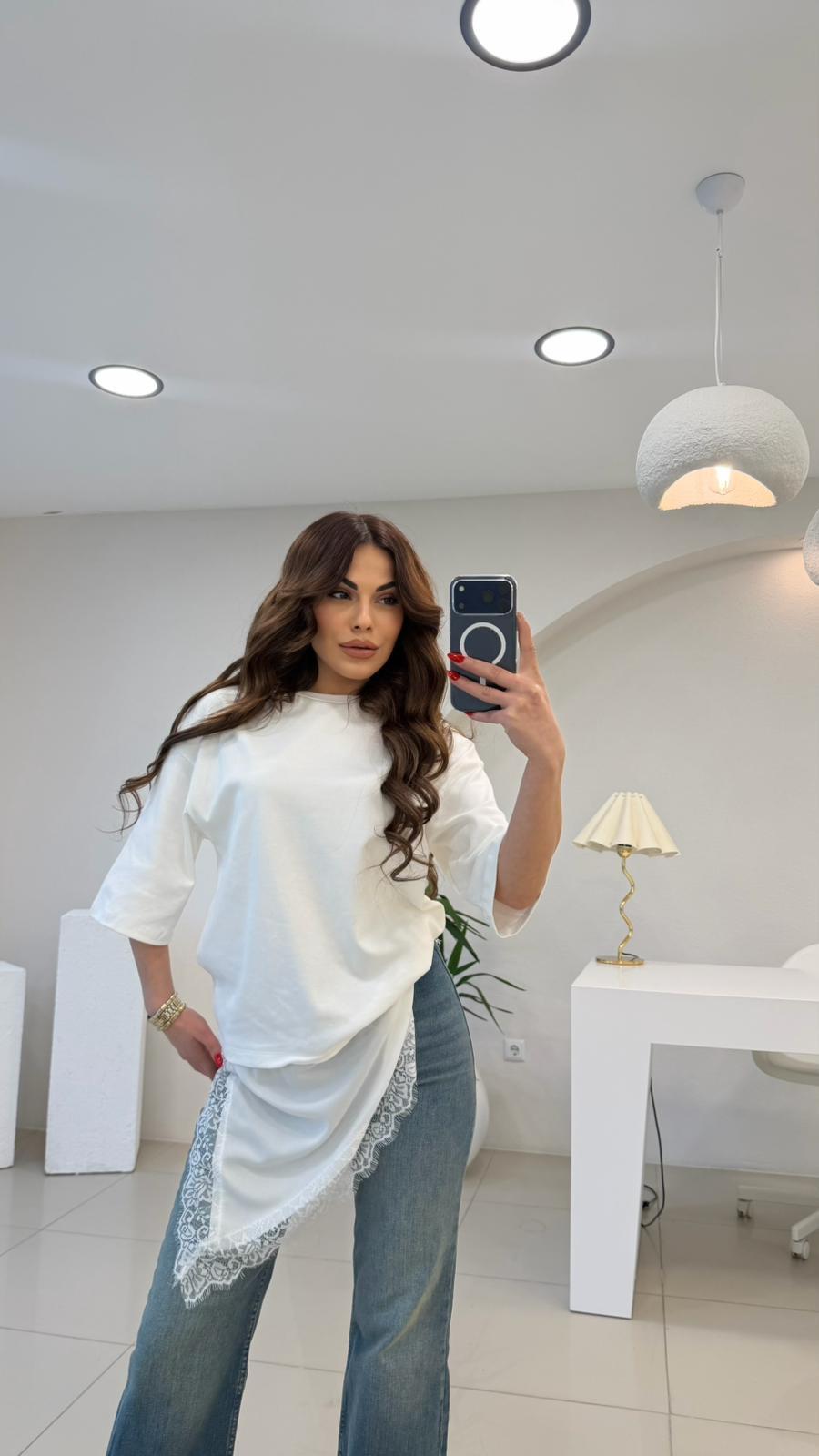 ETEK UCU DANTELLİ ASİMETRİK TSHIRT BEYAZ