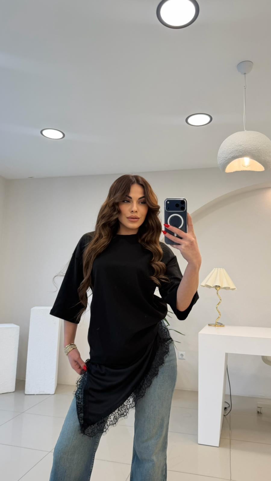 ETEK UCU DANTELLİ ASİMETRİK TSHIRT SİYAH