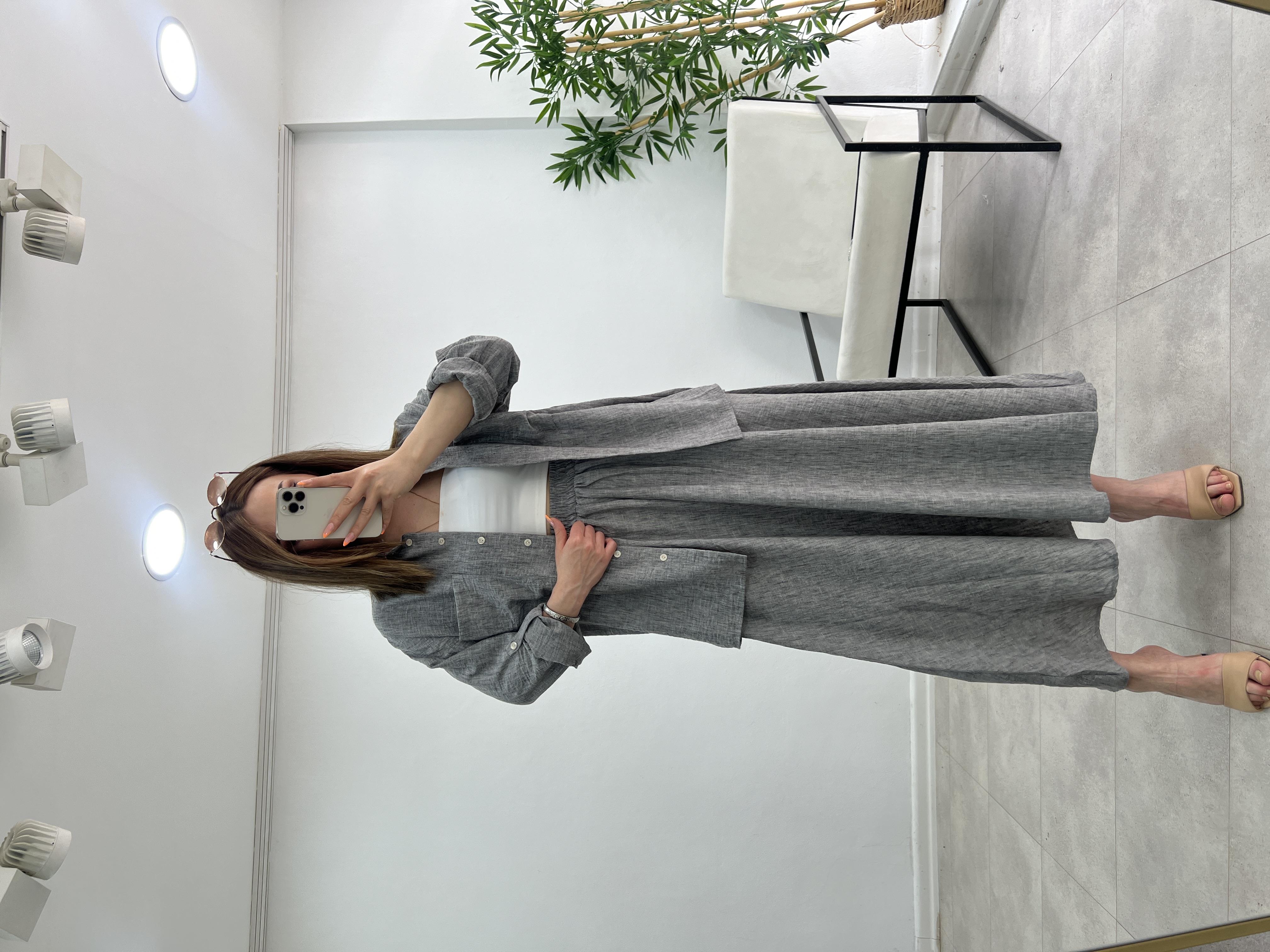 ETEKLİ İKİLİ KETEN TAKIM GRİ