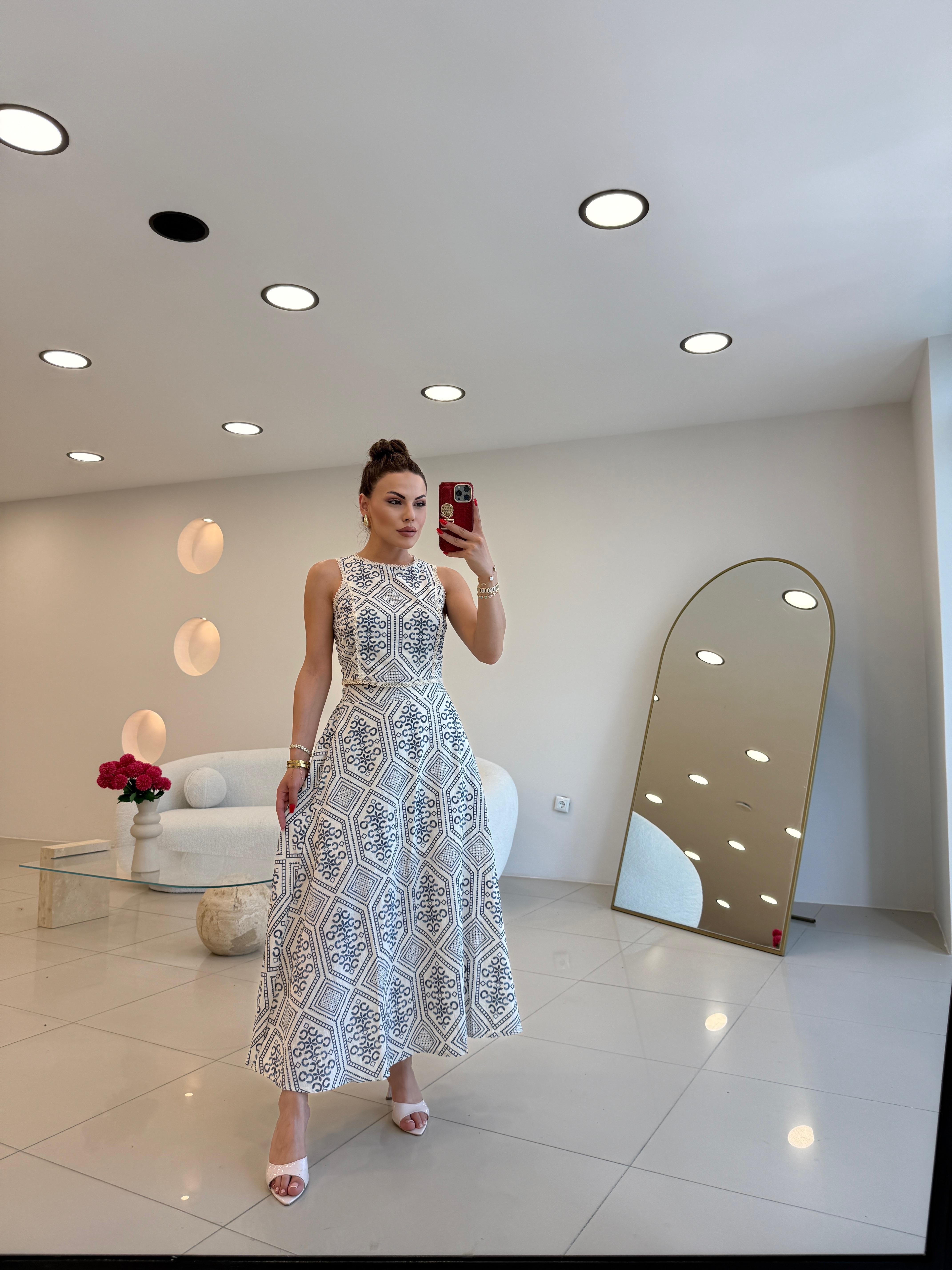 ETNİK DESEN ETEKLİ BLUZ TAKIM MAVİ