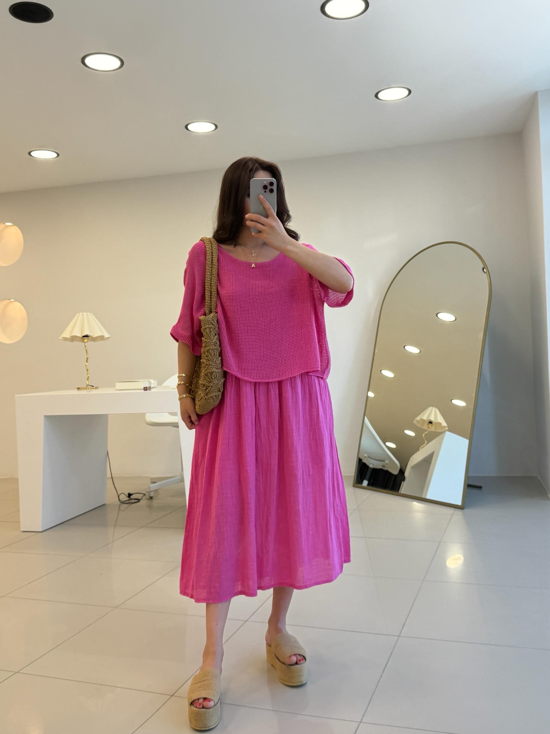 FİLE DETAYLI KISA KOL KETEN ELBİSE PEMBE