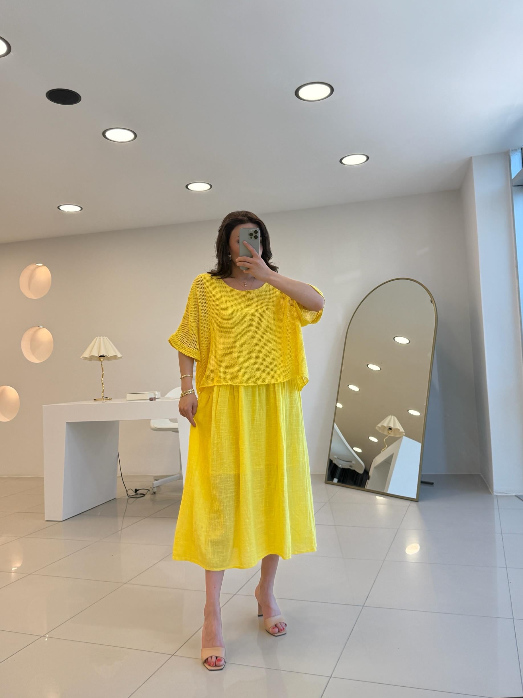 FİLE DETAYLI KISA KOL KETEN ELBİSE SARI