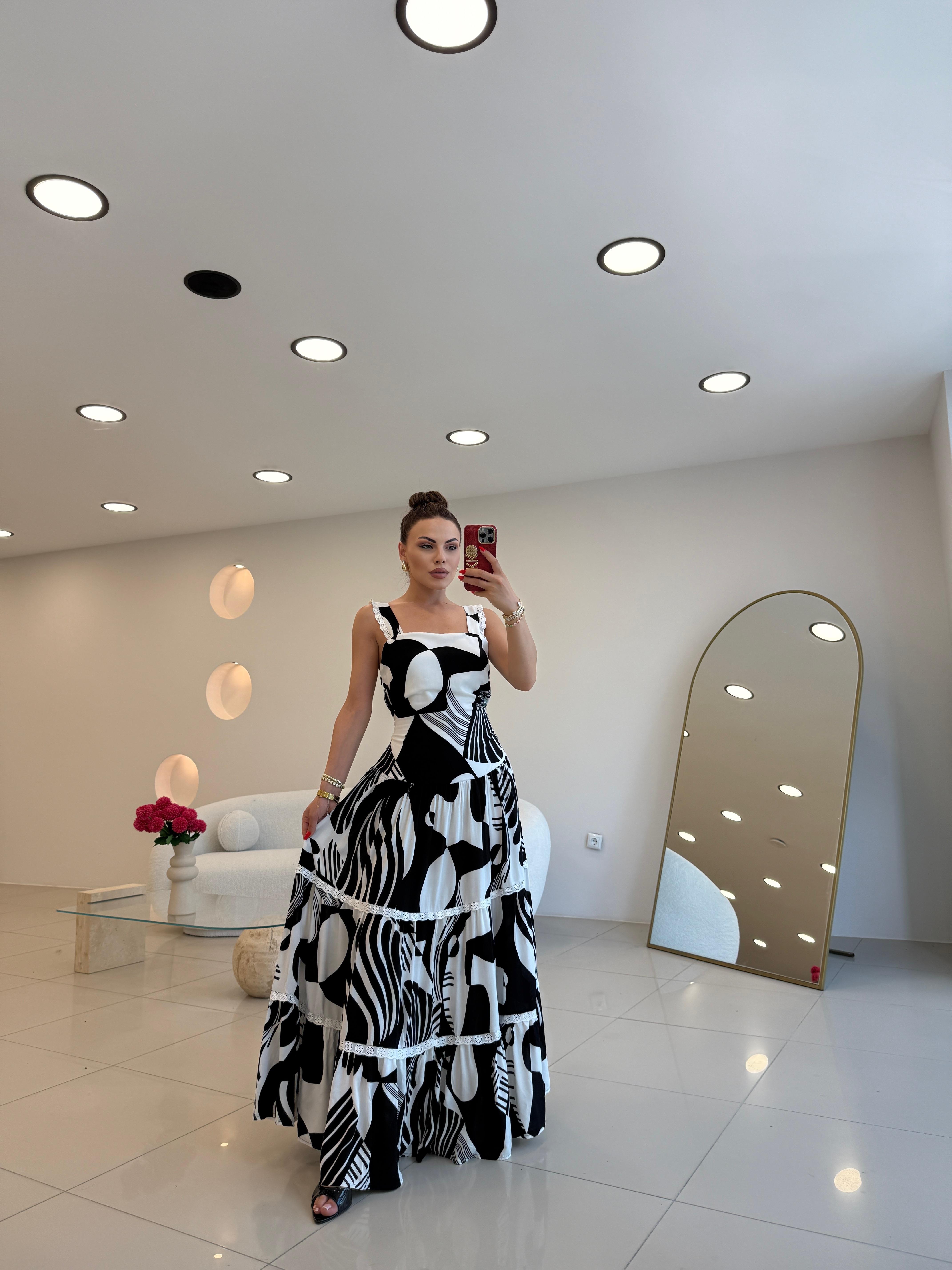 FİSTO DETAYLI DESENLİ ELBİSE 