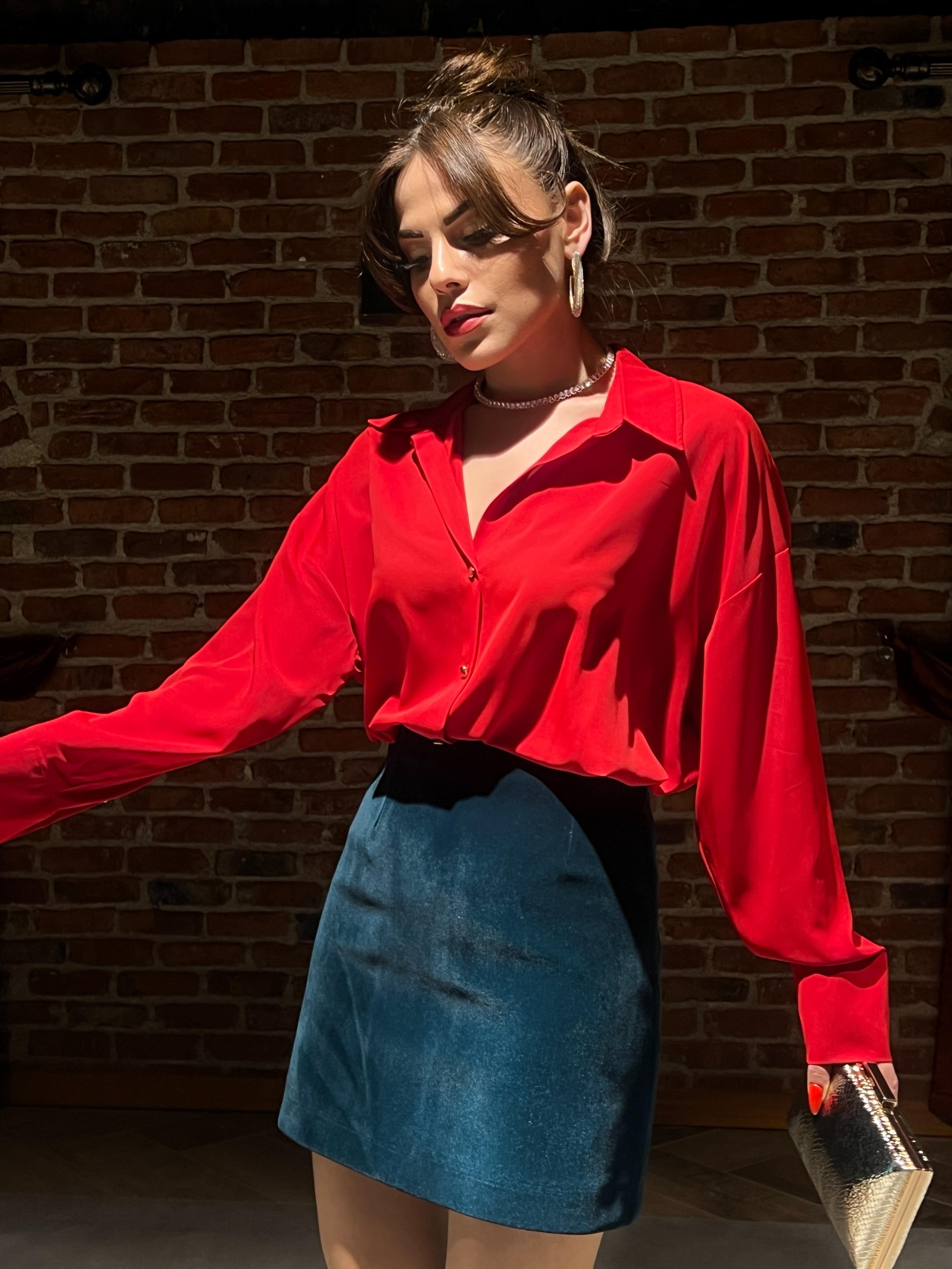 GOLD DÜĞMELİ GREP GÖMLEK KIRMIZI