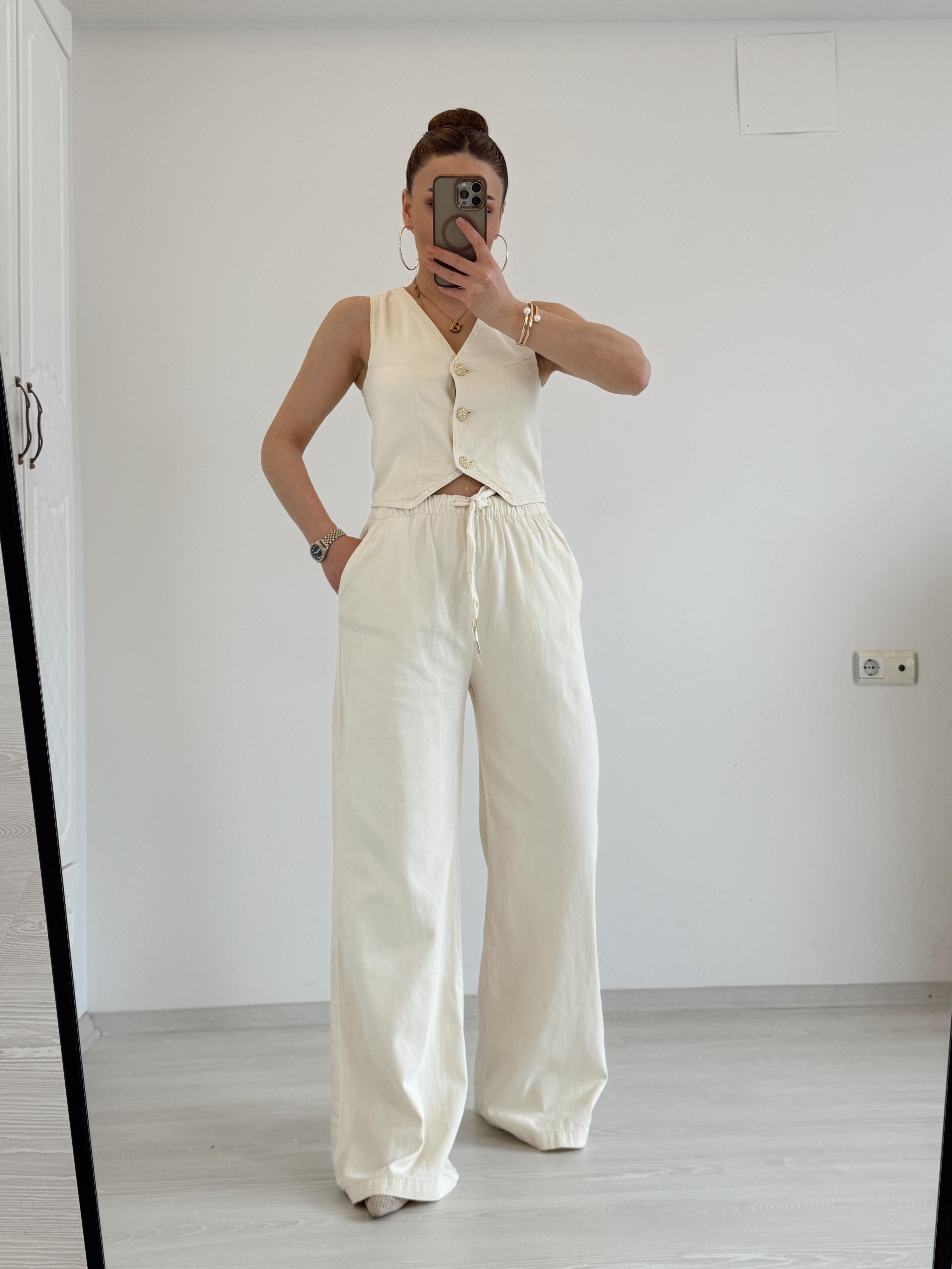 GOLD DÜĞMELİ İKİLİ KETEN TAKIM TAŞ